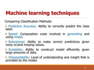 Machine learning techniques
Comparing Classification Methods:
 Predictive Accuracy: Ability to correctly predict the class
label.
 Speed: Computation costs involved in generating and
using model.
 Robustness: Ability to make correct predictions given
noisy or/and missing values.
 Scalability: Ability to construct model efficiently given
large amounts of data.
 Interpretability: Level of understanding and insight that is
provided by the model.
26
 