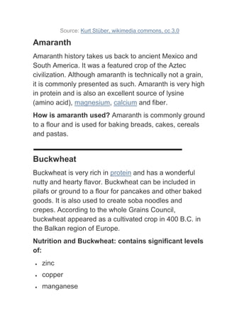 Source: Kurt Stüber, wikimedia commons, cc 3.0

Amaranth
Amaranth history takes us back to ancient Mexico and
South America. It was a featured crop of the Aztec
civilization. Although amaranth is technically not a grain,
it is commonly presented as such. Amaranth is very high
in protein and is also an excellent source of lysine
(amino acid), magnesium, calcium and fiber.
How is amaranth used? Amaranth is commonly ground
to a flour and is used for baking breads, cakes, cereals
and pastas.


Buckwheat
Buckwheat is very rich in protein and has a wonderful
nutty and hearty flavor. Buckwheat can be included in
pilafs or ground to a flour for pancakes and other baked
goods. It is also used to create soba noodles and
crepes. According to the whole Grains Council,
buckwheat appeared as a cultivated crop in 400 B.C. in
the Balkan region of Europe.
Nutrition and Buckwheat: contains significant levels
of:
   zinc
   copper
   manganese
 