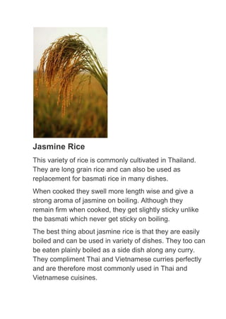 Jasmine Rice
This variety of rice is commonly cultivated in Thailand.
They are long grain rice and can also be used as
replacement for basmati rice in many dishes.
When cooked they swell more length wise and give a
strong aroma of jasmine on boiling. Although they
remain firm when cooked, they get slightly sticky unlike
the basmati which never get sticky on boiling.
The best thing about jasmine rice is that they are easily
boiled and can be used in variety of dishes. They too can
be eaten plainly boiled as a side dish along any curry.
They compliment Thai and Vietnamese curries perfectly
and are therefore most commonly used in Thai and
Vietnamese cuisines.
 