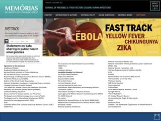 The Economic and Social Research Council (ESRC)
EMBO Press
F1000
Fondation Mérieux
Fundação Oswaldo Cruz (Fiocruz)
The Global Health Network
Global Virus Network
GlaxoSmithKline (GSK)
The Institut Pasteur
Instituto Butantan, Brazil
Instituto Nacional de Salud, Peru
International Severe Respiratory and emerging Infection
Consortium (ISARIC)
International Society for Infectious Diseases
Japan Agency for Medical Research and Development (AMED)
The JAMA Network
The Lancet
Médecins du Monde/Doctors of the World (MdM/DoW)
Médecins Sans Frontières/Doctors Without Borders (MSF)
Microbide Limited
National Academy of Medicine
Signatories to the statement
Academy of Finland
Academy of Medical Sciences, UK
Bernhard Nocht Institute for Tropical Medicine
Bill and Melinda Gates Foundation
Biotechnology and Biological Sciences Research Council (BBSRC)
The British Medical Journal (BMJ)
Bulletin of the World Health Organization
Calouste Gulbenkian Foundation – Gulbenkian Science Institute
Canadian Institutes of Health Research
The Centers for Disease Control and Prevention (to include
Morbidity and Mortality Weekly Report [MMWR])
Chinese Academy of Sciences
Chinese Centre for Disease Control and Prevention
The Department of Biotechnology, Government of India
The Department for International Development (DFID)
Deutsche Forschungsgemeinschaft (DFG)
eLife
EcoHealth AllianceThe Economic and Social Research Council (ESRC)
EMBO Press
National Institutes of Health, USA
National Institute for Infectious Diseases Lazzaro Spallanzani
(INMI), Italy
National Science Foundation, USA
The New England Journal of Medicine (NEJM)
PLOS
ProMED
Research Ideas and Outcomes (RIO) Journal
The Rockefeller University Press
The Royal Society
SAB Biotherapeutics
Science Journals
ScienceOpen
South African Medical Research Council
Springer Nature
Thieme Publishers
UK Medical Research Council
Universidade Jean Piaget de Capo Verde
USAID
Wellcome Trust
ZonMw – The Netherlands Organisation for Health Research
and Development
 