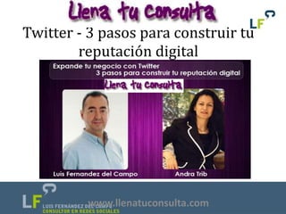 Twitter - 3 pasos para construir tu
        reputación digital




         www.llenatuconsulta.com
 