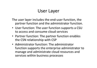User Layer
The user layer includes the end-user function, the
  partner function and the administrator function.
• User function: The user function supports a CSU
  to access and consume cloud services
• Partner function: The partner function enables
  the CSN relationship with CSP
• Administrator function: The administrator
  function supports the enterprise administrator to
  manage and administrate cloud resources and
  services within business processes
 