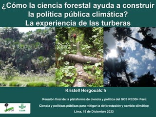 Kristell Hergoualc’h
¿Cómo la ciencia forestal ayuda a construir
la política pública climática?
La experiencia de las turberas
Reunión final de la plataforma de ciencia y política del GCS REDD+ Perú:
Ciencia y políticas públicas para mitigar la deforestación y cambio climático
Lima, 19 de Diciembre 2023
 