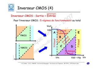 Inverseur CMOS (4)

7 total
0
Pour l’inverseur CMOS : 5 régimes de fonctionnement au
0
2
- r
c e.f
a gn
E
nhA rgo
i uB
G -bo
e @u
u c
i q nha
C
D
in .gi
om inique
D m
) do
(C

Inverseur CMOS : Sortie = Entrée
Vout
Vdd

N ohmique
P saturé

Vtn

P Vgs
bloqué bloqué= Vt

NMOS

N bloqué

PMOS

N
P sa
sa tu
tu ré
ré

N saturé
P ohmique

Vdd + Vtp Vin

© D. Ginhac – LE2I – ESIREM - Université de Bourgogne - Aile Sciences de l’Ingénieur - BP 47870 – 21078 Dijon Cedex

10

 