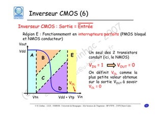 Inverseur CMOS (6)

7 bloqué
0
Région E : Fonctionnement en interrupteurs parfaits (PMOS
0
et NMOS conducteur)
2
- r
c e.f
a g des 2 transistors
Un seul n
A
E
nhconduit (ici, le NMOS)
B
i urgo
G -bVo = 1 V = 0
e @u
u c On définit V comme la
iq nha plus petite valeur obtenue
in .gi
C
sur la sortie V
à savoir
m que V
o iniD
V =0
D m
) do
(C

Inverseur CMOS : Sortie = Entrée

Vout

bloqué

Vgs = Vt

Vdd

OL

Vtn

IN

OUT

OL

OUT

OL

Vdd + Vtp Vin

© D. Ginhac – LE2I – ESIREM - Université de Bourgogne - Aile Sciences de l’Ingénieur - BP 47870 – 21078 Dijon Cedex

12

 