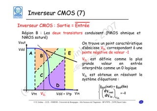Inverseur CMOS (7)

7 ohmique et
0
Région B : Les deux transistors conduisent (PMOS
0
NMOS saturé)
2
- r
On trouve un point caractéristique
c e correspondant à une
d’abscisse V .f
a négative de valeur -1
h gogn
pente
A
E
B
inV uest définie comme la plus
r
G grande valeur en entrée
bo
e @uinterprétée comme un 0 logique
u c
iq nha V est obtenue en résolvant le
in .gi
C
système d’équations :
m que
o iniD
D m
⎧I (sat) = I (lin)
⎪ d
) V do
⎨ ⎛ V ⎞ = -1
C
⎜
⎟
(
⎪ ⎝ dV ⎠

Inverseur CMOS : Sortie = Entrée

Vout
Vdd

Vgs = Vt

IL

bloqué

IL

IL

DN

Vtn

IL

Vdd + Vtp Vin

DP

out

⎩

in VIL

© D. Ginhac – LE2I – ESIREM - Université de Bourgogne - Aile Sciences de l’Ingénieur - BP 47870 – 21078 Dijon Cedex

13

 