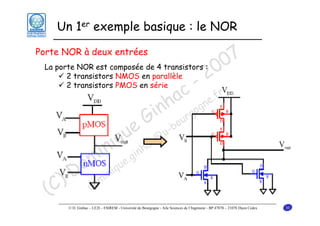 Un 1er exemple basique : le NOR

7
0
La porte NOR est composée de 4 transistors :
0
2 transistors NMOS en parallèle
2
2 transistors PMOS en série
- r
c e.f
a gn
nh rgo
i u
G -bo
e @u
u c
i q nha
in .gi
om inique
D m
) do
(C

Porte NOR à deux entrées

© D. Ginhac – LE2I – ESIREM - Université de Bourgogne - Aile Sciences de l’Ingénieur - BP 47870 – 21078 Dijon Cedex

30

 
