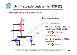 Un 1er exemple basique : le NOR (2)

7
0
Deux cas20
principaux :
- r
1. c = 1 et/ou Vb = 1
a Va gne.f
nh rUno au moins conduit 2
i u transistors NMOS des
g
G -bo
e

Fonctionnement de la porte NOR

u
iq

in .gin
om inique
D m
) do
(C

c@
ha

u

Vout = 0

2. Va = 0 et Vb = 0
Les 2 transistors PMOS
conduisent
Vout = 1

© D. Ginhac – LE2I – ESIREM - Université de Bourgogne - Aile Sciences de l’Ingénieur - BP 47870 – 21078 Dijon Cedex

31

 