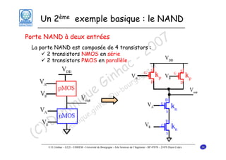 Un 2ème exemple basique : le NAND

7
La porte NAND est composée de 4 transistors : 0
0
2 transistors NMOS en série
2
2 transistors PMOS en parallèle
- r
c e.f
a gn
nh rgo
i u
G -bo
e @u
u c
i q nha
in .gi
om inique
D m
) do
(C

Porte NAND à deux entrées

© D. Ginhac – LE2I – ESIREM - Université de Bourgogne - Aile Sciences de l’Ingénieur - BP 47870 – 21078 Dijon Cedex

36

 