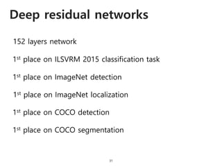 Deep residual networks
31
152 layers network
1st place on ILSVRM 2015 classification task
1st place on ImageNet detection
1st place on ImageNet localization
1st place on COCO detection
1st place on COCO segmentation
 