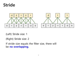 Stride
7
(Left) Stride size: 1
(Right) Stride size: 2
If stride size equals the filter size, there will
be no overlapping.
 