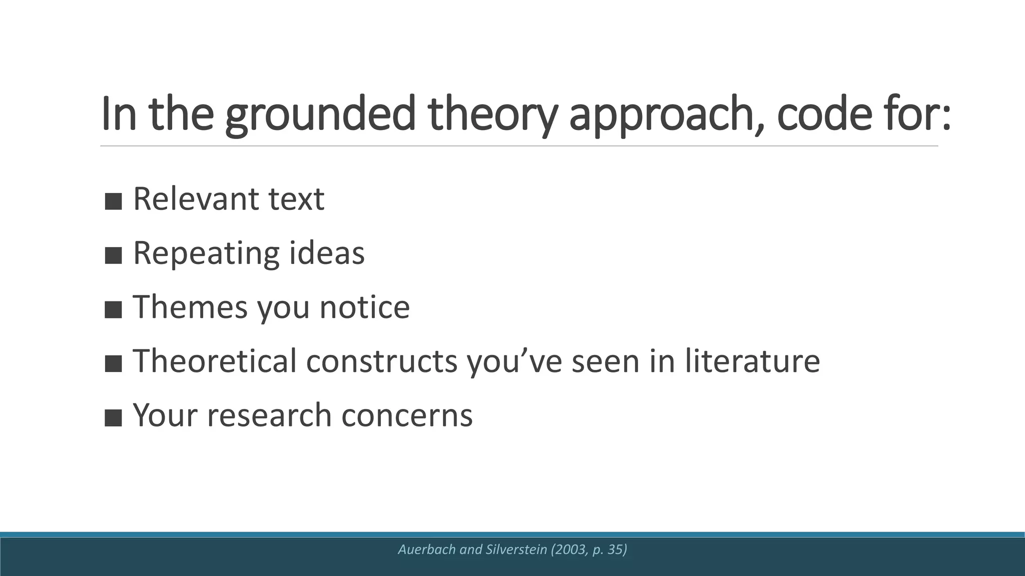 In the grounded theory approach, code for:
■ Relevant text
■ Repeating ideas
■ Themes you notice
■ Theoretical constructs you’ve seen in literature
■ Your research concerns
Auerbach and Silverstein (2003, p. 35)
 