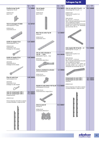 53 
Peso Artigo 
kg nº 
Peso Artigo 
kg nº 
Peso Artigo 
kg nº 
Cofragem Top 50 
Presilha de viga Top 50 1,2 580081 
Trägerklammer Top 50 
pintada de azul 
altura 15 cm 
Tala de ancoragem FF 20/50 6,6 587531 
Ankerungslasche FF 20/50 
pintada de azul 
comprimento 55 cm 
Cavilha de ligação 10 cm 0,34 580201 
Verbindungsbolzen 10 cm 
pintada de azul 
comprimento 14 cm 
Embalagem de 100 unidades 
Cavilha de ligação 25 cm 0,58 580202 
Verbindungsbolzen 25 cm 
galvanizada 
comprimento 26 cm 
Embalagem de 60 unidades 
Pinça de mola 6 mm 0,06 580204 
Federvorstecker 6 mm 
galvanizada 
comprimento 13 cm 
Embalagem de 300 unidades 
Junta de compensação 3,00 m 36,8 580332 
Junta de compensação 4,00 m 51,2 580334 
Ausgleichsschiene 
pintado de azul 
Aviso de segurança: não soldar ou aquecer 
os varões esticadores - perigo de rotura! 
Tala de ligação 21,0 580213 
Trägerstoßlasche 
pintada de azul 
altura 110 cm 
Meia Tala de união Top 50 5,5 580267 
Halblasche 
pintada de azul 
comprimento 78 cm 
Tala de união articulada A 
Top 50 ...,. Grad 20,0 580208 
Gelenklasche A Top 50 ...,. Grad 
galvanizada 
comprimento lateral 36 cm 
Cachorro orientável de esticador 4,4 580604 
Universal-Winkelspanner 
pintado de azul 
comprimento 20 cm 
Esquadro de canto interior H 20 Top 50 11,3 580035 
Innenecklasche H 20 Top 50 
pintado de azul 
comprimento 80 cm, largura 38 cm 
Cinta de canto 20 23,5 580031 
Eckriegel 20 
pintada de azul 
comprimento lateral 52 cm 
Cinta de canto WS 10 Top 50 ... m *20,5 580069 
Eckwandriegel WS 10 Top 50 ... m 
pintada de azul 
Distância entre os perfis: 5 cm 
* peso por m 
Dados técnicos: 
Wx = 82,4 cm³, Ix = 412,0 cm4 
Nota: É fabricada especialmente de acordo 
com as exigências do projecto. 
As cintas de canto Doka podem ser fornecidas 
também com o perfil U 120. (Designação 
para encomenda: WU 12) 
Cinta angular WS 10 Top 50 ... m *21,5 580068 
Winkelriegel WS 10 Top 50 ... m 
pintada de azul 
Distância entre os perfis: 5 cm 
* peso por m 
Dados técnicos: 
Wx = 82,4 cm³, Ix = 412,0 cm4 
Nota: É fabricada especialmente de acordo 
com as exigências do projecto. 
As cintas angulares Doka podem ser 
fornecidas também com o perfil U 120. 
(Designação para encomenda: WU 12) 
Compensação de canto 3,00 m 53,0 580282 
Compensação de canto 4,00 m 69,0 580284 
Eckschiene 
pintado de azul 
Aviso de segurança: não soldar ou aquecer 
os varões esticadores - perigo de rotura! 
 