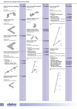 54 
Peso Artigo 
kg nº 
Peso Artigo 
kg nº 
Peso Artigo 
kg nº 
Sistemas de cofragem Doka para paredes 
Reforço de canto para descofragem 17,5 580264 
Eckspindel 
galvanizado 
comprimento 65 cm, altura 31 cm 
Esquadro interior fuste 9,6 580262 
Verschiebelasche 
pintado de azul 
comprimento lateral 60 cm 
Esquadro ligação canto 90/50 13,8 580603 
Winkellasche 90/50 
pintado de azul 
comprimento 51 cm, largura 40 cm 
Perfil com bitola de perfuração Top 50 
Führungsschiene mit Bohrplatte Top 50 
pintado de azul 
Broca necessária: ø 10 mm 
Estado de fornecimento: peças individuais 
Constituído por: 
Perfil bitola .. m *1,8 580079 
* peso por m 
Bitola para furação Top 50 2,9 580080 
comprimento 17 cm, largura 15 cm 
Esquadro de montagem Top 50 7,4 580082 
Montagelasche Top 50 
pintado de azul 
comprimento 55 cm, largura 48 cm 
Tensor de fita 5,00m (montagem) 2,0 580393 
Bandzwinge 5,00 m 
pintado de azul 
Cantoneira ligação 9 x 5 cm 0,22 580381 
Winkelverbinder 9 x 5 cm 
galvanizada 
Esquadro de flanco direito 0,09 582521 
Esquadro de flanco esquerdo 0,09 582522 
Sparrenpfettenanker 
galvanizado 
comprimento 17 cm 
Escora de aprumo 340 30,5 588246 
Elementstütze 340 
galvanizada 
Estado de fornecimento: fechado 
Constituído por: 
Cabeça para escora aprumo 3,5 588244 
2 unidades 
Base para escora 2,1 588245 
Escora aprumo 340 14,2 588247 
comprimento min. 193 cm, máx. 341 cm 
Escora aprumo 120 7,2 588248 
comprimento min. 80 cm, máx. 130 cm 
Nota: Atenção às normas de segurança em 
vigor. 
Escora de aprumo 540 49,3 588249 
Elementstütze 540 
galvanizada 
Estado de fornecimento: fechado 
Constituido por: 
Cabeça para escora aprumo 3,5 588244 
2 unidades 
Base para escora 2,1 588245 
Escora aprumo 540 29,6 588250 
comprimento min. 309 cm, máx. 550 cm 
Escora aprumo 220 10,6 588251 
comprimento min. 171 cm, máx. 224 cm 
Nota: Atenção às normas de segurança em 
vigor. 
Travadeira de ajuste 
Einrichtstrebe 
pintada de azul 
Estado de fornecimento: peças individuais 
Conforme o comprimento necessário, 
constituído por: 
Cabeça roscada 3,6 584322 
galvanizada 
Elemento roscados 
sem placa topo articulada 30,6 584316 
Peça intermédia 3,70 m 80,0 584318 
Peça intermédia 2,40 m 54,6 584317 
Elemento roscados 
com placa topo articulada 38,4 584315 
Nota: Atenção às normas de segurança em 
vigor. 
 