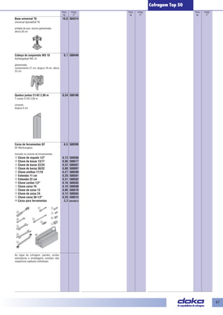 57 
Peso Artigo 
kg nº 
Peso Artigo 
kg nº 
Peso Artigo 
kg nº 
Cofragem Top 50 
Base universal T8 10,0 584314 
Universal-Spindelfuß T8 
pintada de azul, escora galvanizada 
altura 30 cm 
Cabeça de suspensão WS 10 8,1 580449 
Aufhängekopf WS 10 
galvanizada 
comprimento 21 cm, largura 18 cm, altura 
23 cm 
Quebra juntas 21/42 2,00 m 0,34 580196 
T-Leiste 21/42 2,00 m 
cinzento 
largura 4 cm 
Caixa de ferramentas GF 6,5 580390 
GF-Werkzeugbox 
Incluido no volume de fornecimento: 
Chave de roquete 1/2" 0,73 580580 
Chave de bocas 13/17 0,08 580577 
Chave de bocas 22/24 0,22 580587 
Chave de bocas 30/32 0,80 580897 
Chave orelhas 17/19 0,27 580590 
Extensão 11 cm 0,20 580581 
Extensão 22 cm 0,31 580582 
Chave cardan 1/2" 0,16 580583 
Chave caixa 19 0,16 580598 
Chave de caixa 13 0,06 580576 
Chave de caixa 24 0,12 580584 
Chave caixa 30-1/2" 0,20 580575 
Caixa para ferramentas 3,2 500390010 
As vigas de cofragem, painéis, varões 
esticadores e embalagens constam dos 
respectivos capítulos individuais. 
