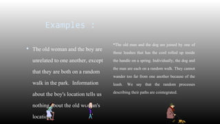Examples : 
 The old woman and the boy are 
unrelated to one another, except 
that they are both on a random 
walk in the park. Information 
about the boy's location tells us 
nothing about the old woman's 
location. 
The old man and the dog are joined by one of 
those leashes that has the cord rolled up inside 
the handle on a spring. Individually, the dog and 
the man are each on a random walk. They cannot 
wander too far from one another because of the 
leash. We say that the random processes 
describing their paths are cointegrated. 
 