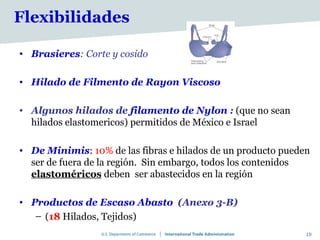 Flexibilidades

• Brasieres: Corte y cosido

• Hilado de Filmento de Rayon Viscoso

• Algunos hilados de filamento de Nylon : (que no sean
  hilados elastomericos) permitidos de México e Israel

• De Minimis: 10% de las fibras e hilados de un producto pueden
  ser de fuera de la región. Sin embargo, todos los contenidos
  elastoméricos deben ser abastecidos en la región

• Productos de Escaso Abasto (Anexo 3-B)
   – (18 Hilados, Tejidos)
                                                              10
 