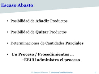 Escaso Abasto


  • Posibilidad de Añadir Productos

  • Posibilidad de Quitar Productos

  • Determinaciones de Cantidades Parciales

  • Un Proceso / Procedimientos …
        –EEUU administra el proceso


                                              17
 