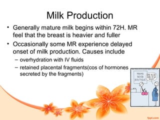 Milk Production
• Generally mature milk begins within 72H. MR
feel that the breast is heavier and fuller
• Occasionally some MR experience delayed
onset of milk production. Causes include
– overhydration with IV fluids
– retained placental fragments(cos of hormones
secreted by the fragments)
 