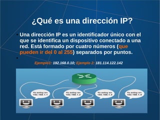 ¿Qué es una dirección IP?
● Una dirección IP es un identificador único con el
que se identifica un dispositivo conectado a una
red. Está formado por cuatro números (que
pueden ir del 0 al 255) separados por puntos.
●
Ejemplo1: 192.168.0.10; Ejemplo 2: 181.114.122.142
 