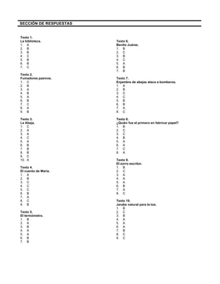  
	
  
	
  
SECCIÓN DE RESPUESTAS
Texto 1.
La biblioteca.
1. A
2. B
3. B
4. C
5. B
6. B
7. C
Texto 2.
Fumadores pasivos.
1. C
2. B
3. A
4. B
5. A
6. B
7. C
8. A
9. B
Texto 3.
La Abeja.
1. C
2. A
3. A
4. C
5. A
6. B
7. B
8. B
9. C
10. A
Texto 4.
El cuento de María.
1. A
2. B
3. C
4. C
5. C
6. B
7. A
8. C
9. B
Texto 5.
El termómetro.
1. B
2. A
3. B
4. A
5. A
6. B
7. B
Texto 6.
Benito Juárez.
1. B
2. C
3. B
4. C
5. A
6. B
7. B
Texto 7.
Enjambre de abejas ataca a bomberos.
1. A
2. B
3. C
4. C
5. B
6. B
7. A
8. C
Texto 8.
¿Quién fue el primero en fabricar papel?
1. B
2. C
3. C
4. B
5. A
6. A
7. C
8. A
Texto 9.
El zorro escritor.
1. B
2. C
3. A
4. A
5. A
6. B
7. A
8. C
Texto 10.
Jarabe natural para la tos.
1. B
2. C
3. B
4. A
5. A
6. A
7. B
8. C
9. C
 