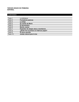  
	
  
	
  
TERCER GRADO DE PRIMARIA
ESPAÑOL
CONTENIDO
Texto 1 La biblioteca
Texto 2 Fumadores pasivos
Texto 3 La abeja
Texto 4 El cuento de María
Texto 5 El termómetro
Texto 6 Benito Juárez
Texto 7 Enjambre de abejas ataca a bomberos
Texto 8 ¿Quién fue el primero en fabricar papel?
Texto 9 El zorro escritor
Texto 10 Jarabe natural para la tos
 