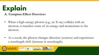 A. Compton Effect Overview:
• When a high-energy photon (e.g., an X-ray) collides with an
electron, it transfers some of its energy and momentum to the
electron.
• As a result, the photon changes direction (scatters) and experiences
a wavelength shift (increase in wavelength).
 
