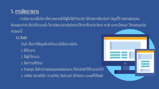 5. การเขียนรายงาน
การเขียนรายงานเป็นวิธีการสื่อความหมายเพื่อให้ผู้อื่นได้เข้าใจแนวคิด วิธีดาเนินการศึกษาค้นคว้า ข้อมูลที่ได้ ตลอดจนข้อสรุปและ
ข้อเสนอแนะต่างๆ เกี่ยวกับโครงงานนั้น ในการเขียนรายงานนักเรียนควรใช้ภาษาที่อ่านง่าย ชัดเจน กระชับ และตรงไปตรงมา ให้ครอบคลุมหัวข้อ
ต่างๆเหล่านี้
5.1 ส่วนนา
ส่วนนา เป็นการให้ข้อมูลเกี่ยวกับโครงงานนั้นซึ่งประกอบด้วย
1. ชื่อโครงงาน
2. ชื่อผู้ทาโครงงาน
3. ชื่ออาจารย์ที่ปรึกษา
4. คาขอบคุณ เป็นคากล่าวขอบคุณบุคคลหรือหน่วยงาน ที่มีส่วนช่วยทาให้โครงงานสาเร็จ
5. บทคัดย่อ อธิบายถึงที่มา ความสาคัญ วัตถุประสงค์ วิธีดาเนินการ และผลที่ได้โดยย่อ
 