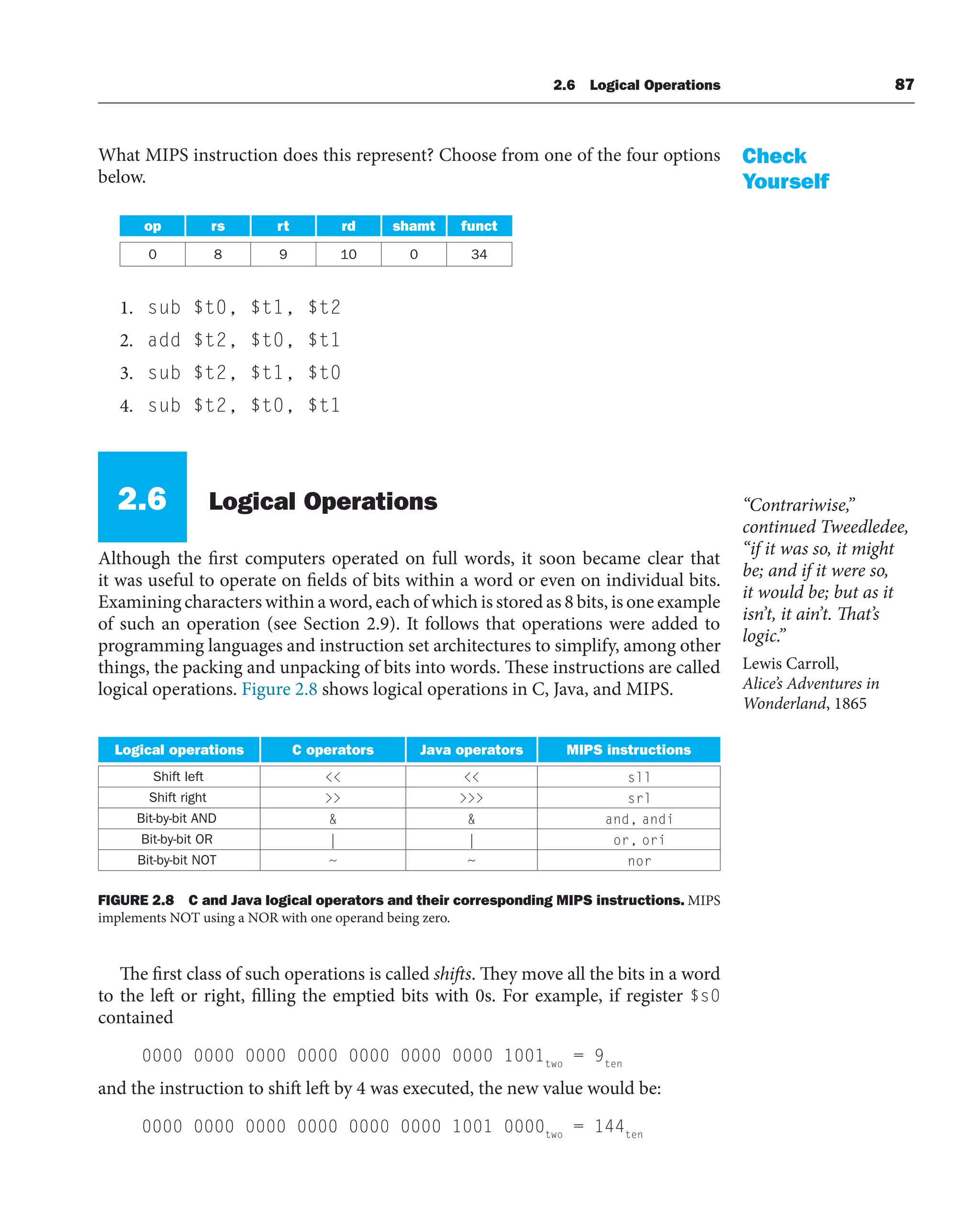 2.6 Logical Operations 87
What MIPS instruction does this represent? Choose from one of the four options
below.
op rs rt rd shamt funct
0 8 9 10 0 34
1. sub $t0, $t1, $t2
2. add $t2, $t0, $t1
3. sub $t2, $t1, $t0
4. sub $t2, $t0, $t1
2.6 Logical Operations
Although the first computers operated on full words, it soon became clear that
it was useful to operate on fields of bits within a word or even on individual bits.
Examining characters within a word, each of which is stored as 8 bits, is one example
of such an operation (see Section 2.9). It follows that operations were added to
programming languages and instruction set architectures to simplify, among other
things, the packing and unpacking of bits into words. These instructions are called
logical operations. Figure 2.8 shows logical operations in C, Java, and MIPS.
Check
Yourself
“Contrariwise,”
continued Tweedledee,
“if it was so, it might
be; and if it were so,
it would be; but as it
isn’t, it ain’t. That’s
logic.”
Lewis Carroll,
Alice’s Adventures in
Wonderland, 1865
FIGURE 2.8 C and Java logical operators and their corresponding MIPS instructions. MIPS
implements NOT using a NOR with one operand being zero.
The first class of such operations is called shifts. They move all the bits in a word
to the left or right, filling the emptied bits with 0s. For example, if register $s0
contained
0000 0000 0000 0000 0000 0000 0000 1001two
= 9ten
and the instruction to shift left by 4 was executed, the new value would be:
0000 0000 0000 0000 0000 0000 1001 0000two
= 144ten
Logical operations C operators Java operators MIPS instructions
Shift left   sll
Shift right   srl
Bit-by-bit AND   and, andi
Bit-by-bit OR | | or, ori
Bit-by-bit NOT ~ ~ nor
 