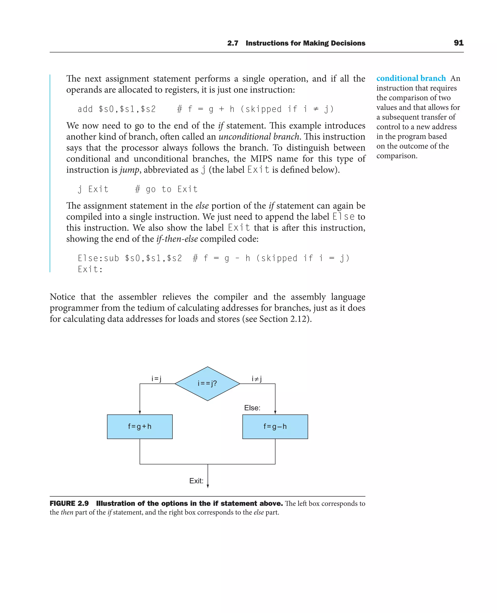 2.7 Instructions for Making Decisions 91
The next assignment statement performs a single operation, and if all the
operands are allocated to registers, it is just one instruction:
add $s0,$s1,$s2 # f = g + h (skipped if i ≠ j)
We now need to go to the end of the if statement. This example introduces
another kind of branch, often called an unconditional branch. This instruction
says that the processor always follows the branch. To distinguish between
conditional and unconditional branches, the MIPS name for this type of
instruction is jump, abbreviated as j (the label Exit is defined below).
j Exit # go to Exit
The assignment statement in the else portion of the if statement can again be
compiled into a single instruction. We just need to append the label Else to
this instruction. We also show the label Exit that is after this instruction,
showing the end of the if-then-else compiled code:
Else:sub $s0,$s1,$s2 # f = g – h (skipped if i = j)
Exit:
Notice that the assembler relieves the compiler and the assembly language
programmer from the tedium of calculating addresses for branches, just as it does
for calculating data addresses for loads and stores (see Section 2.12).
f = g+h f=g – h
i= j i≠ j
i==j?
Else:
Exit:
FIGURE 2.9 Illustration of the options in the if statement above. The left box corresponds to
the then part of the if statement, and the right box corresponds to the else part.
conditional branch An
instruction that requires
the comparison of two
values and that allows for
a subsequent transfer of
control to a new address
in the program based
on the outcome of the
comparison.
 