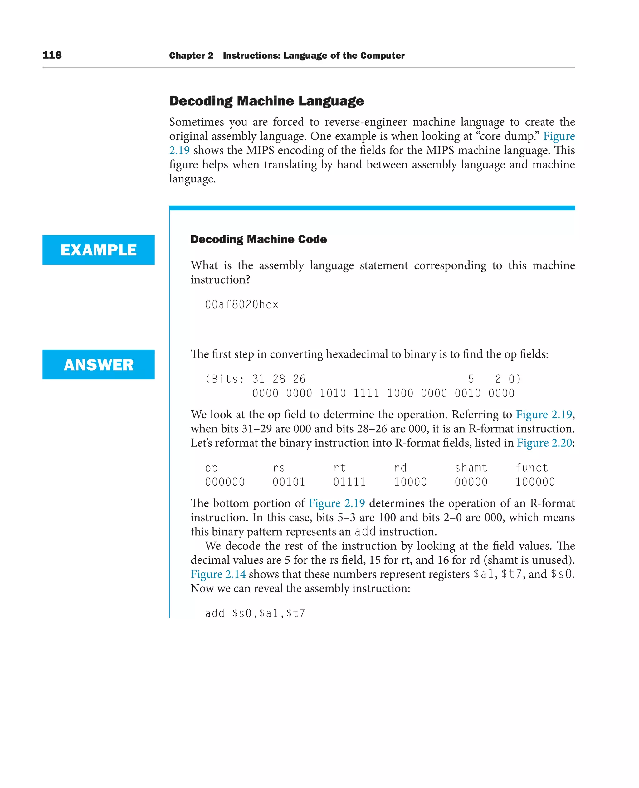 118 Chapter 2 Instructions: Language of the Computer
Decoding Machine Language
Sometimes you are forced to reverse-engineer machine language to create the
original assembly language. One example is when looking at “core dump.” Figure
2.19 shows the MIPS encoding of the fields for the MIPS machine language. This
figure helps when translating by hand between assembly language and machine
language.
Decoding Machine Code
What is the assembly language statement corresponding to this machine
instruction?
00af8020hex
The first step in converting hexadecimal to binary is to find the op fields:
(Bits: 31 28 26 5 2 0)
0000 0000 1010 1111 1000 0000 0010 0000
We look at the op field to determine the operation. Referring to Figure 2.19,
when bits 31–29 are 000 and bits 28–26 are 000, it is an R-format instruction.
Let’s reformat the binary instruction into R-format fields, listed in Figure 2.20:
op rs rt rd shamt funct
000000 00101 01111 10000 00000 100000
The bottom portion of Figure 2.19 determines the operation of an R-format
instruction. In this case, bits 5–3 are 100 and bits 2–0 are 000, which means
this binary pattern represents an add instruction.
We decode the rest of the instruction by looking at the field values. The
decimal values are 5 for the rs field, 15 for rt, and 16 for rd (shamt is unused).
Figure 2.14 shows that these numbers represent registers $a1, $t7, and $s0.
Now we can reveal the assembly instruction:
add $s0,$a1,$t7
EXAMPLE
ANSWER
 