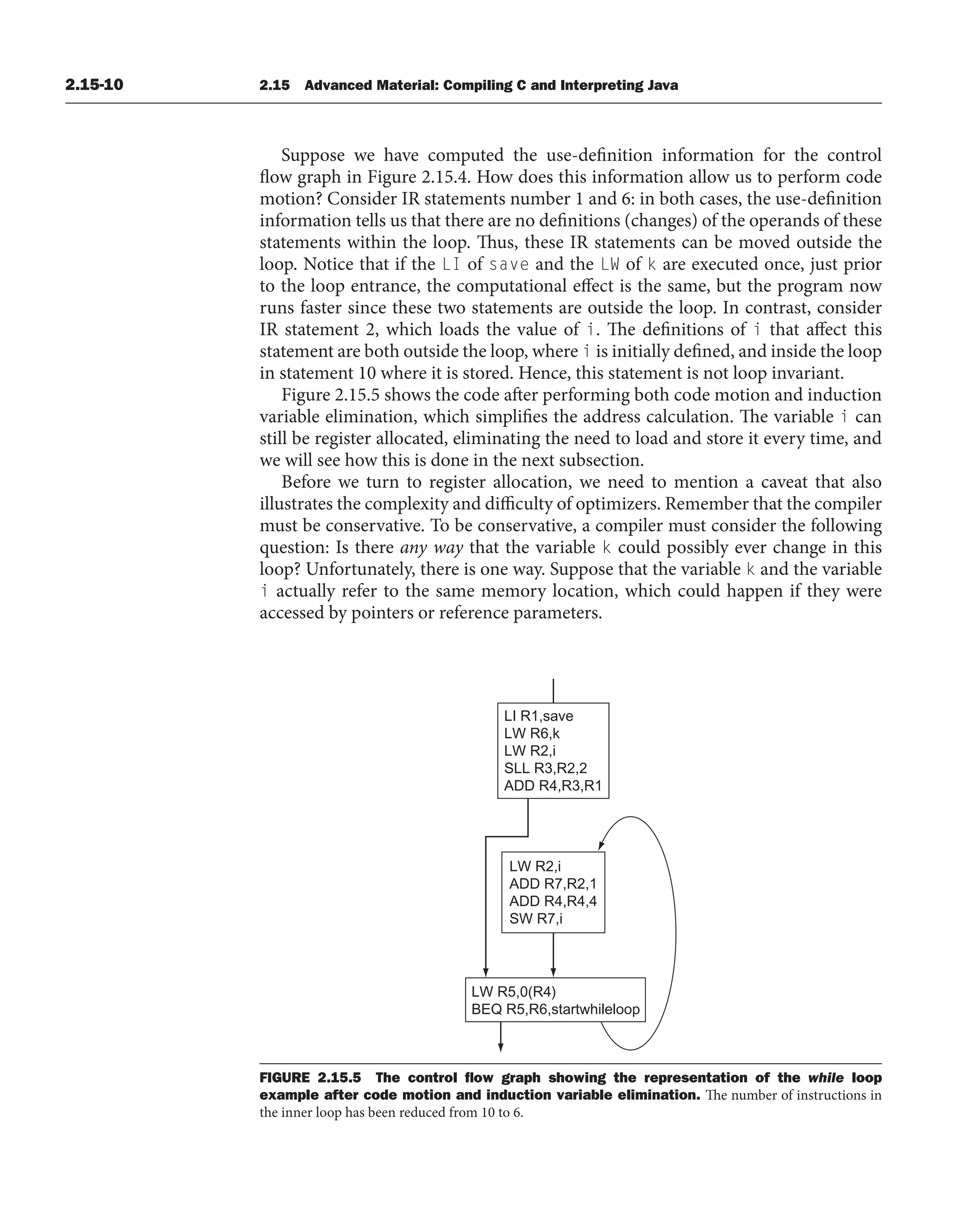 2.15-10 2.15 Advanced Material: Compiling C and Interpreting Java
Suppose we have computed the use-definition information for the control
flow graph in Figure 2.15.4. How does this information allow us to perform code
motion? Consider IR statements number 1 and 6: in both cases, the use-definition
information tells us that there are no definitions (changes) of the operands of these
statements within the loop. Thus, these IR statements can be moved outside the
loop. Notice that if the LI of save and the LW of k are executed once, just prior
to the loop entrance, the computational effect is the same, but the program now
runs faster since these two statements are outside the loop. In contrast, consider
IR statement 2, which loads the value of i. The definitions of i that affect this
statement are both outside the loop, where i is initially defined, and inside the loop
in statement 10 where it is stored. Hence, this statement is not loop invariant.
Figure 2.15.5 shows the code after performing both code motion and induction
variable elimination, which simplifies the address calculation. The variable i can
still be register allocated, eliminating the need to load and store it every time, and
we will see how this is done in the next subsection.
Before we turn to register allocation, we need to mention a caveat that also
illustrates the complexity and difficulty of optimizers. Remember that the compiler
must be conservative. To be conservative, a compiler must consider the following
question: Is there any way that the variable k could possibly ever change in this
loop? Unfortunately, there is one way. Suppose that the variable k and the variable
i actually refer to the same memory location, which could happen if they were
accessed by pointers or reference parameters.
LW R2,i
ADD R7,R2,1
ADD R4,R4,4
SW R7,i
LI R1,save
LW R6,k
LW R2,i
SLL R3,R2,2
ADD R4,R3,R1
LW R5,0(R4)
BEQ R5,R6,startwhileloop
FIGURE 2.15.5 The control ﬂow graph showing the representation of the while loop
example after code motion and induction variable elimination. The number of instructions in
the inner loop has been reduced from 10 to 6.
 