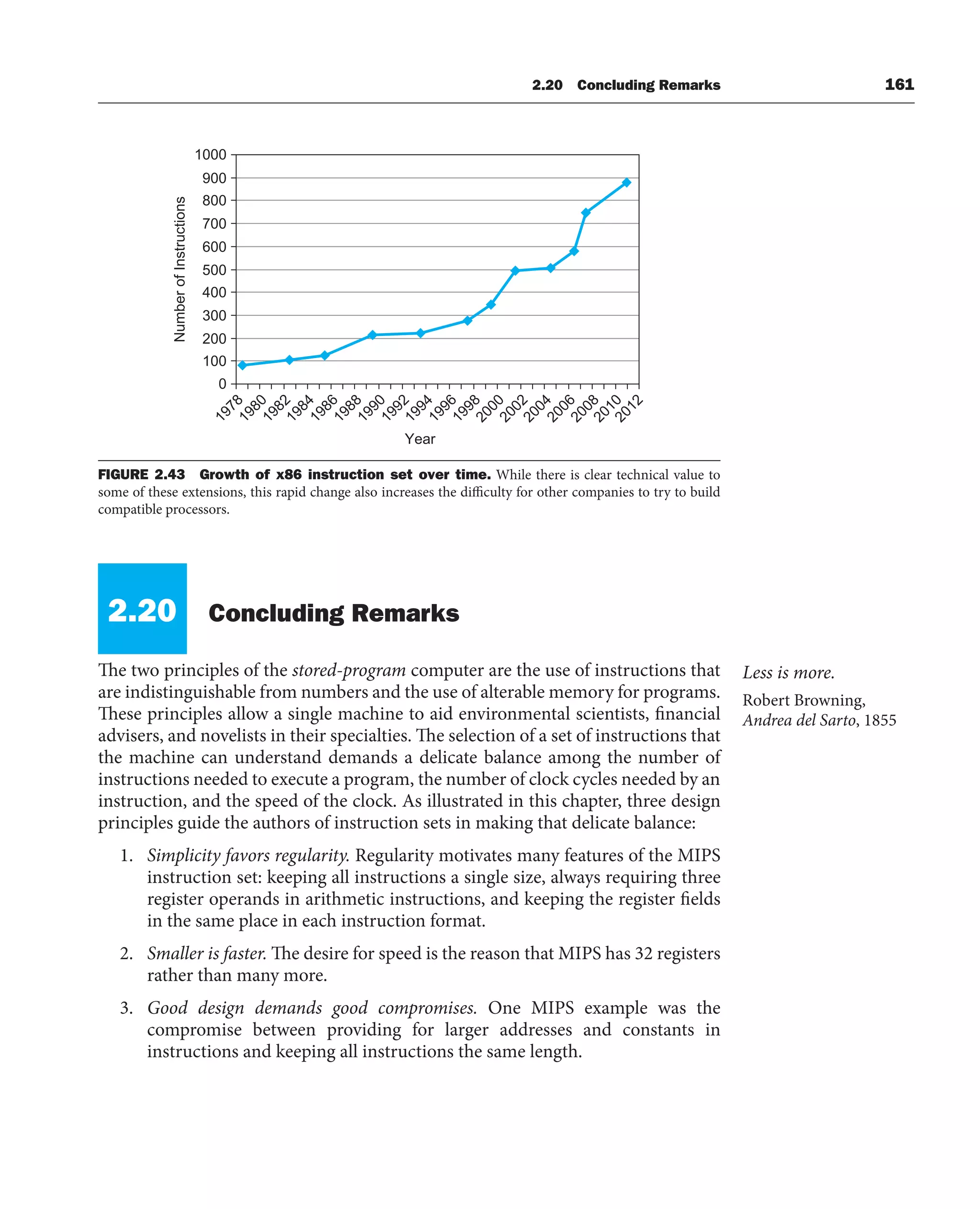 2.20 Concluding Remarks 161
2.20 Concluding Remarks
The two principles of the stored-program computer are the use of instructions that
are indistinguishable from numbers and the use of alterable memory for programs.
These principles allow a single machine to aid environmental scientists, financial
advisers, and novelists in their specialties. The selection of a set of instructions that
the machine can understand demands a delicate balance among the number of
instructions needed to execute a program, the number of clock cycles needed by an
instruction, and the speed of the clock. As illustrated in this chapter, three design
principles guide the authors of instruction sets in making that delicate balance:
1. Simplicity favors regularity. Regularity motivates many features of the MIPS
instruction set: keeping all instructions a single size, always requiring three
register operands in arithmetic instructions, and keeping the register fields
in the same place in each instruction format.
2. Smaller is faster. The desire for speed is the reason that MIPS has 32 registers
rather than many more.
3. Good design demands good compromises. One MIPS example was the
compromise between providing for larger addresses and constants in
instructions and keeping all instructions the same length.
Less is more.
Robert Browning,
Andrea del Sarto, 1855
0
100
200
300
400
500
600
700
800
900
1000
1
9
7
8
1
9
8
0
1
9
8
2
1
9
8
4
1
9
8
6
1
9
8
8
1
9
9
0
1
9
9
2
1
9
9
4
1
9
9
6
1
9
9
8
2
0
0
0
2
0
0
2
2
0
0
4
2
0
0
6
2
0
0
8
2
0
1
0
2
0
1
2
Year
Number
of
Instructions
FIGURE 2.43 Growth of x86 instruction set over time. While there is clear technical value to
some of these extensions, this rapid change also increases the difficulty for other companies to try to build
compatible processors.
 