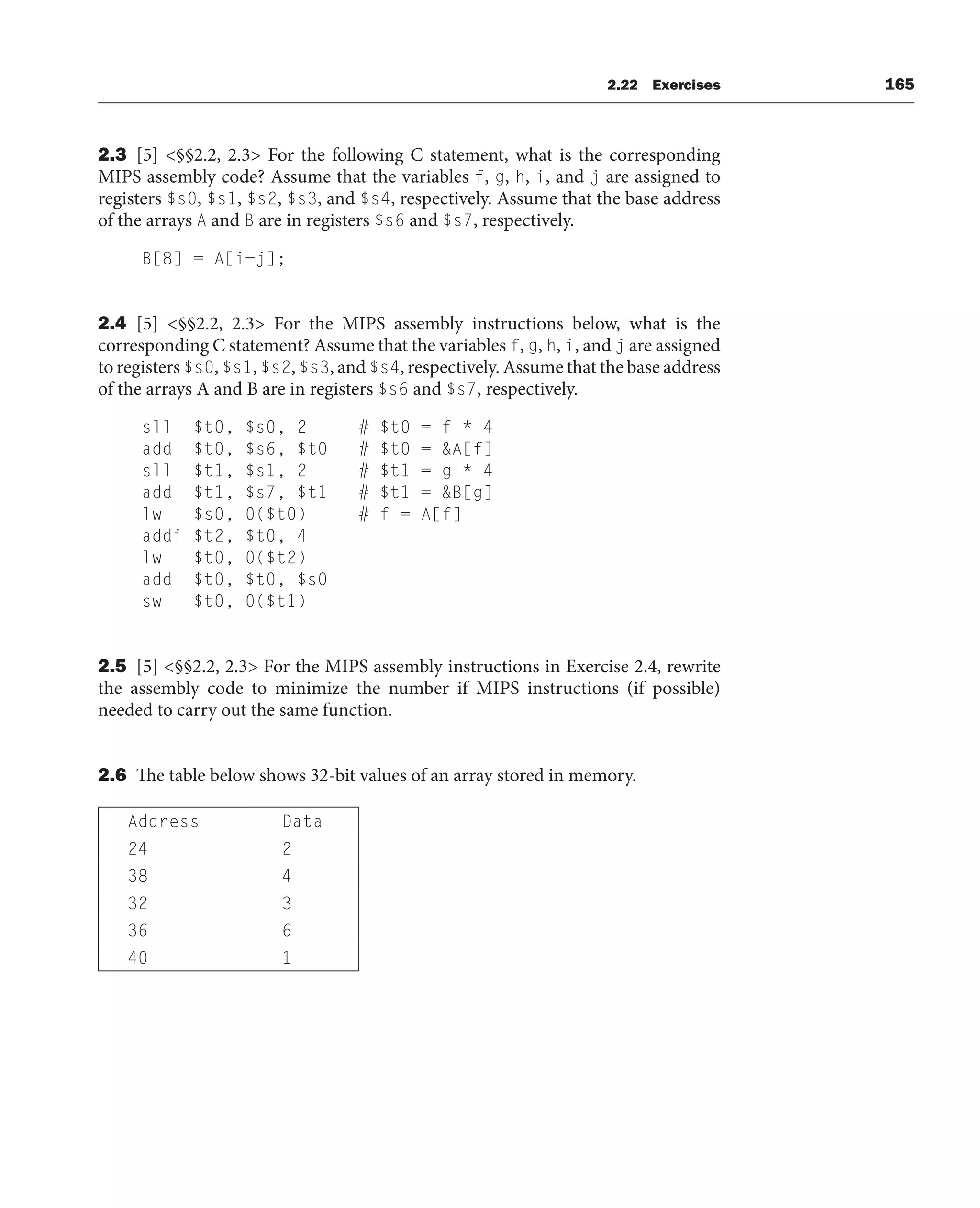 2.22 Exercises 165
2.3 [5] §§2.2, 2.3 For the following C statement, what is the corresponding
MIPS assembly code? Assume that the variables f, g, h, i, and j are assigned to
registers $s0, $s1, $s2, $s3, and $s4, respectively. Assume that the base address
of the arrays A and B are in registers $s6 and $s7, respectively.
B[8] = A[i−j];
2.4 [5] §§2.2, 2.3 For the MIPS assembly instructions below, what is the
corresponding C statement? Assume that the variables f, g, h, i, and j are assigned
to registers $s0, $s1, $s2, $s3, and $s4, respectively. Assume that the base address
of the arrays A and B are in registers $s6 and $s7, respectively.
sll $t0, $s0, 2 # $t0 = f * 4
add $t0, $s6, $t0 # $t0 = A[f]
sll $t1, $s1, 2 # $t1 = g * 4
add $t1, $s7, $t1 # $t1 = B[g]
lw $s0, 0($t0) # f = A[f]
addi $t2, $t0, 4
lw $t0, 0($t2)
add $t0, $t0, $s0
sw $t0, 0($t1)
2.5 [5] §§2.2, 2.3 For the MIPS assembly instructions in Exercise 2.4, rewrite
the assembly code to minimize the number if MIPS instructions (if possible)
needed to carry out the same function.
2.6 The table below shows 32-bit values of an array stored in memory.
Address Data
24 2
38 4
32 3
36 6
40 1
 