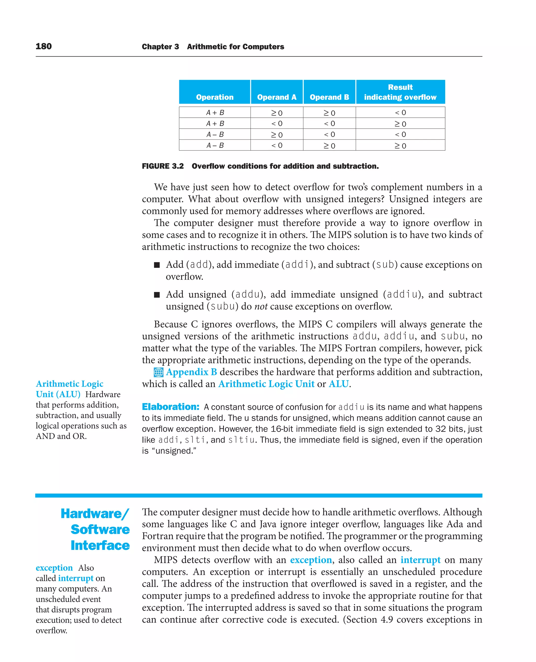 180 Chapter 3 Arithmetic for Computers
We have just seen how to detect overflow for two’s complement numbers in a
computer. What about overflow with unsigned integers? Unsigned integers are
commonly used for memory addresses where overflows are ignored.
The computer designer must therefore provide a way to ignore overflow in
some cases and to recognize it in others. The MIPS solution is to have two kinds of
arithmetic instructions to recognize the two choices:
■ Add (add), add immediate (addi), and subtract (sub) cause exceptions on
overflow.
■ Add unsigned (addu), add immediate unsigned (addiu), and subtract
unsigned (subu) do not cause exceptions on overflow.
Because C ignores overflows, the MIPS C compilers will always generate the
unsigned versions of the arithmetic instructions addu, addiu, and subu, no
matter what the type of the variables. The MIPS Fortran compilers, however, pick
the appropriate arithmetic instructions, depending on the type of the operands.
Appendix B describes the hardware that performs addition and subtraction,
which is called an Arithmetic Logic Unit or ALU.
Elaboration: A constant source of confusion for addiu is its name and what happens
to its immediate field. The u stands for unsigned, which means addition cannot cause an
overflow exception. However, the 16-bit immediate field is sign extended to 32 bits, just
like addi, slti, and sltiu. Thus, the immediate field is signed, even if the operation
is “unsigned.”
The computer designer must decide how to handle arithmetic overflows. Although
some languages like C and Java ignore integer overflow, languages like Ada and
Fortran require that the program be notified. The programmer or the programming
environment must then decide what to do when overflow occurs.
MIPS detects overflow with an exception, also called an interrupt on many
computers. An exception or interrupt is essentially an unscheduled procedure
call. The address of the instruction that overflowed is saved in a register, and the
computer jumps to a predefined address to invoke the appropriate routine for that
exception. The interrupted address is saved so that in some situations the program
can continue after corrective code is executed. (Section 4.9 covers exceptions in
Arithmetic Logic
Unit (ALU) Hardware
that performs addition,
subtraction, and usually
logical operations such as
AND and OR.
Hardware/
Software
Interface
exception Also
called interrupt on
many computers. An
unscheduled event
that disrupts program
execution; used to detect
overflow.
FIGURE 3.2 Overﬂow conditions for addition and subtraction.
Operation Operand A Operand B
Result
indicating overflow
A + B ≥ 0 ≥ 0  0
A + B  0  0 ≥ 0
A – B ≥ 0  0  0
A – B  0 ≥ 0 ≥ 0
 