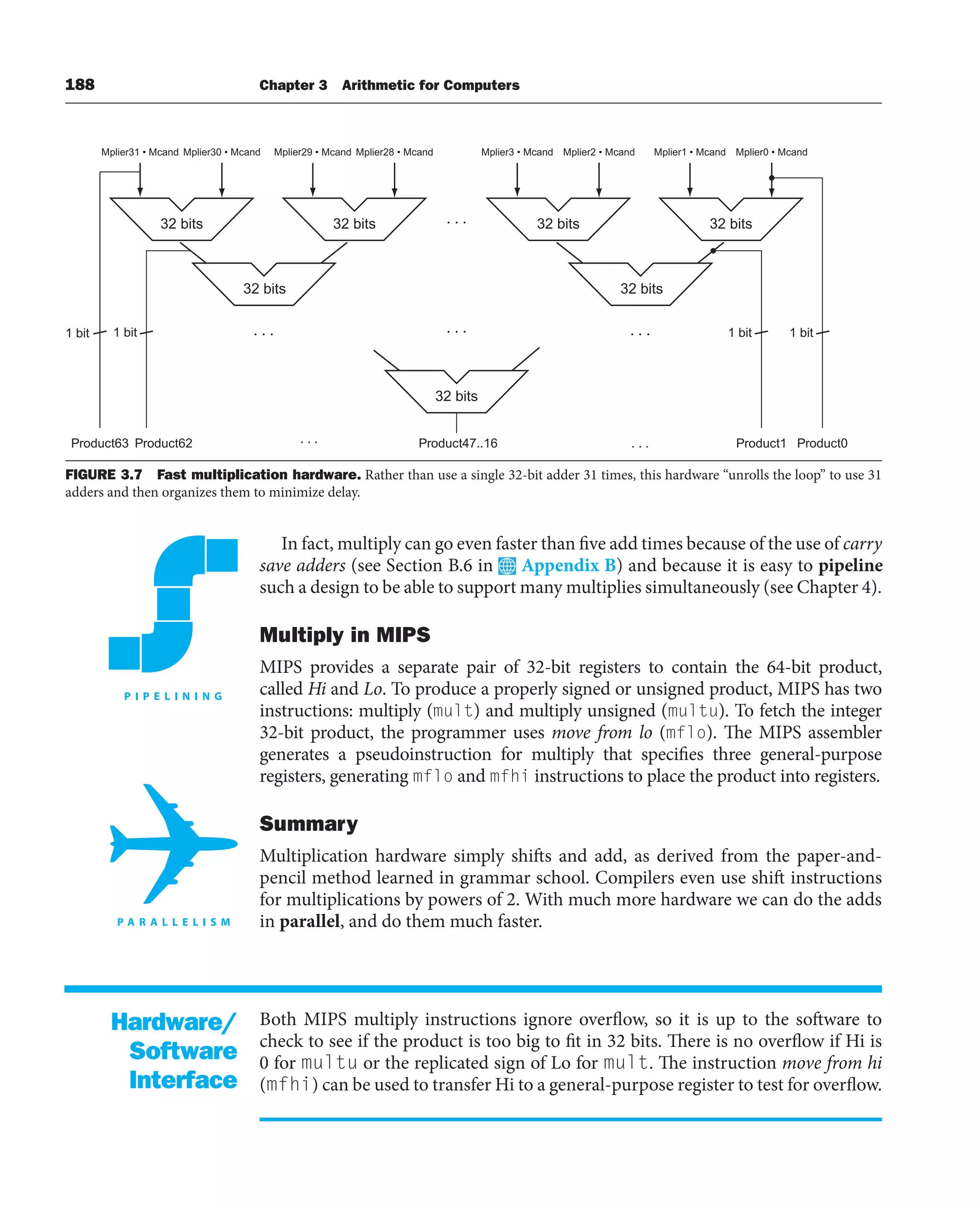 188 Chapter 3 Arithmetic for Computers
In fact, multiply can go even faster than five add times because of the use of carry
save adders (see Section B.6 in Appendix B) and because it is easy to pipeline
such a design to be able to support many multiplies simultaneously (see Chapter 4).
Multiply in MIPS
MIPS provides a separate pair of 32-bit registers to contain the 64-bit product,
called Hi and Lo. To produce a properly signed or unsigned product, MIPS has two
instructions: multiply (mult) and multiply unsigned (multu). To fetch the integer
32-bit product, the programmer uses move from lo (mflo). The MIPS assembler
generates a pseudoinstruction for multiply that specifies three general-purpose
registers, generating mflo and mfhi instructions to place the product into registers.
Summary
Multiplication hardware simply shifts and add, as derived from the paper-and-
pencil method learned in grammar school. Compilers even use shift instructions
for multiplications by powers of 2. With much more hardware we can do the adds
in parallel, and do them much faster.
Both MIPS multiply instructions ignore overflow, so it is up to the software to
check to see if the product is too big to fit in 32 bits. There is no overflow if Hi is
0 for multu or the replicated sign of Lo for mult. The instruction move from hi
(mfhi) can be used to transfer Hi to a general-purpose register to test for overflow.
Hardware/
Software
Interface
Product1 Product0
Product63 Product62 Product47..16
1 bit 1 bit 1 bit 1 bit
. . .
. . .
. . .
. . .
. . . . . .
32 bits
32 bits
32 bits 32 bits 32 bits
32 bits 32 bits
Mplier31 • Mcand Mplier30 • Mcand Mplier29 • Mcand Mplier28 • Mcand Mplier3 • Mcand Mplier2 • Mcand Mplier1 • Mcand Mplier0 • Mcand
FIGURE 3.7 Fast multiplication hardware. Rather than use a single 32-bit adder 31 times, this hardware “unrolls the loop” to use 31
adders and then organizes them to minimize delay.
 