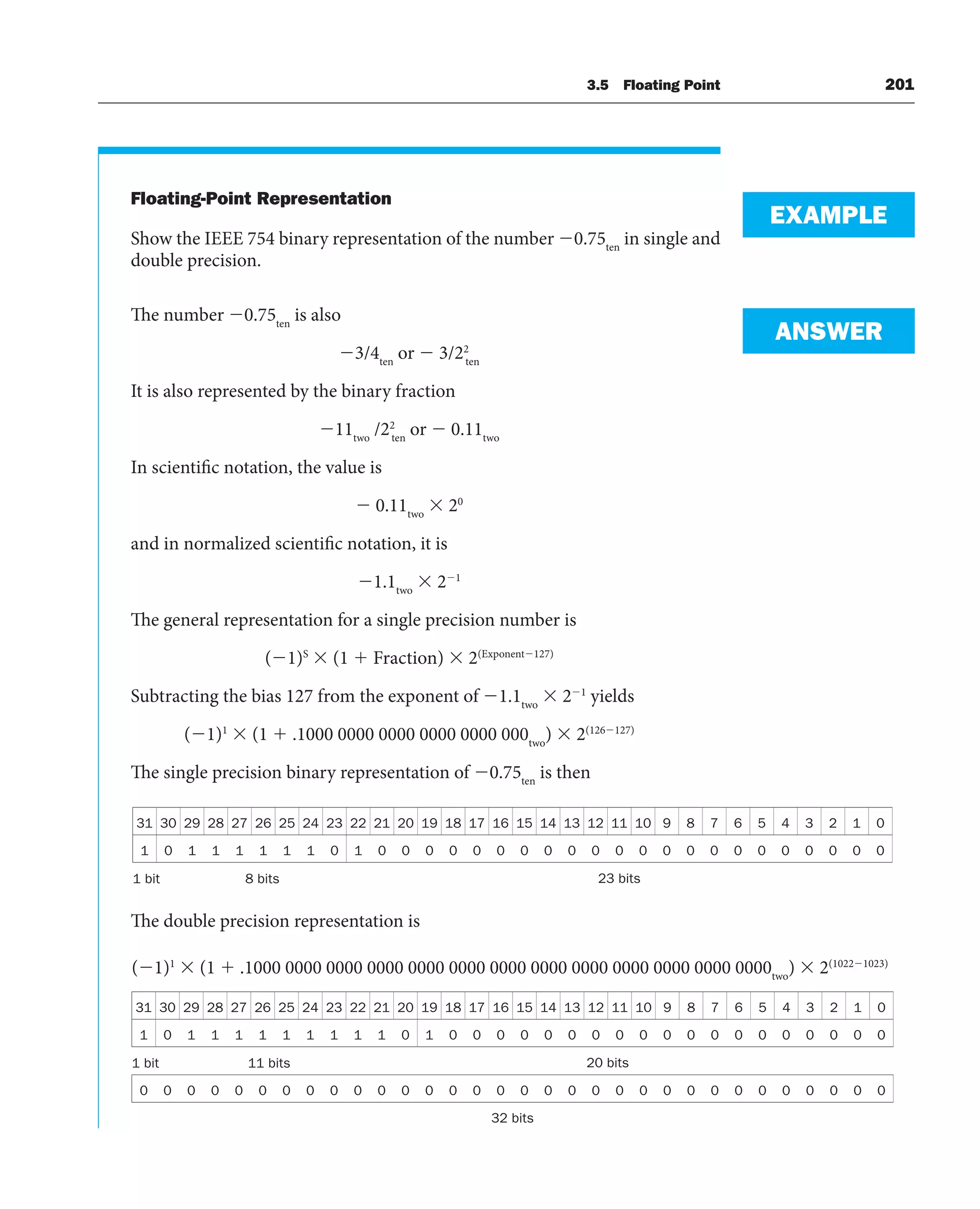 3.5 Floating Point 201
Floating-Point Representation
Show the IEEE 754 binary representation of the number 0.75ten
in single and
double precision.
The number 0.75ten
is also
3/4ten
or  3/22
ten
It is also represented by the binary fraction
11two
/22
ten
or  0.11two
In scientific notation, the value is
 0.11two
 20
and in normalized scientific notation, it is
1.1two
 21
The general representation for a single precision number is
(1)S
 (1  Fraction)  2(Exponent127)
Subtracting the bias 127 from the exponent of 1.1two
 21
yields
(1)1
 (1  .1000 0000 0000 0000 0000 000two
)  2(126127)
The single precision binary representation of 0.75ten
is then
31 30 29 28 27 26 25 24 23 22 21 20 19 18 17 16 15 14 13 12 11 10 9 8 7 6 5 4 3 2 1 0
1 0 1 1 1 1 1 1 0 1 0 0 0 0 0 0 0 0 0 0 0 0 0 0 0 0 0 0 0 0 0 0
1 bit 8 bits 23 bits
The double precision representation is
EXAMPLE
ANSWER
(1)1
 (1  .1000 0000 0000 0000 0000 0000 0000 0000 0000 0000 0000 0000 0000two
)  2(10221023)
31 30 29 28 27 26 25 24 23 22 21 20 19 18 17 16 15 14 13 12 11 10 9 8 7 6 5 4 3 2 1 0
1 0 1 1 1 1 1 1 1 1 1 0 1 0 0 0 0 0 0 0 0 0 0 0 0 0 0 0 0 0 0 0
1 bit 11 bits 20 bits
0 0 0 0 0 0 0 0 0 0 0 0 0 0 0 0 0 0 0 0 0 0 0 0 0 0 0 0 0 0 0 0
32 bits
 