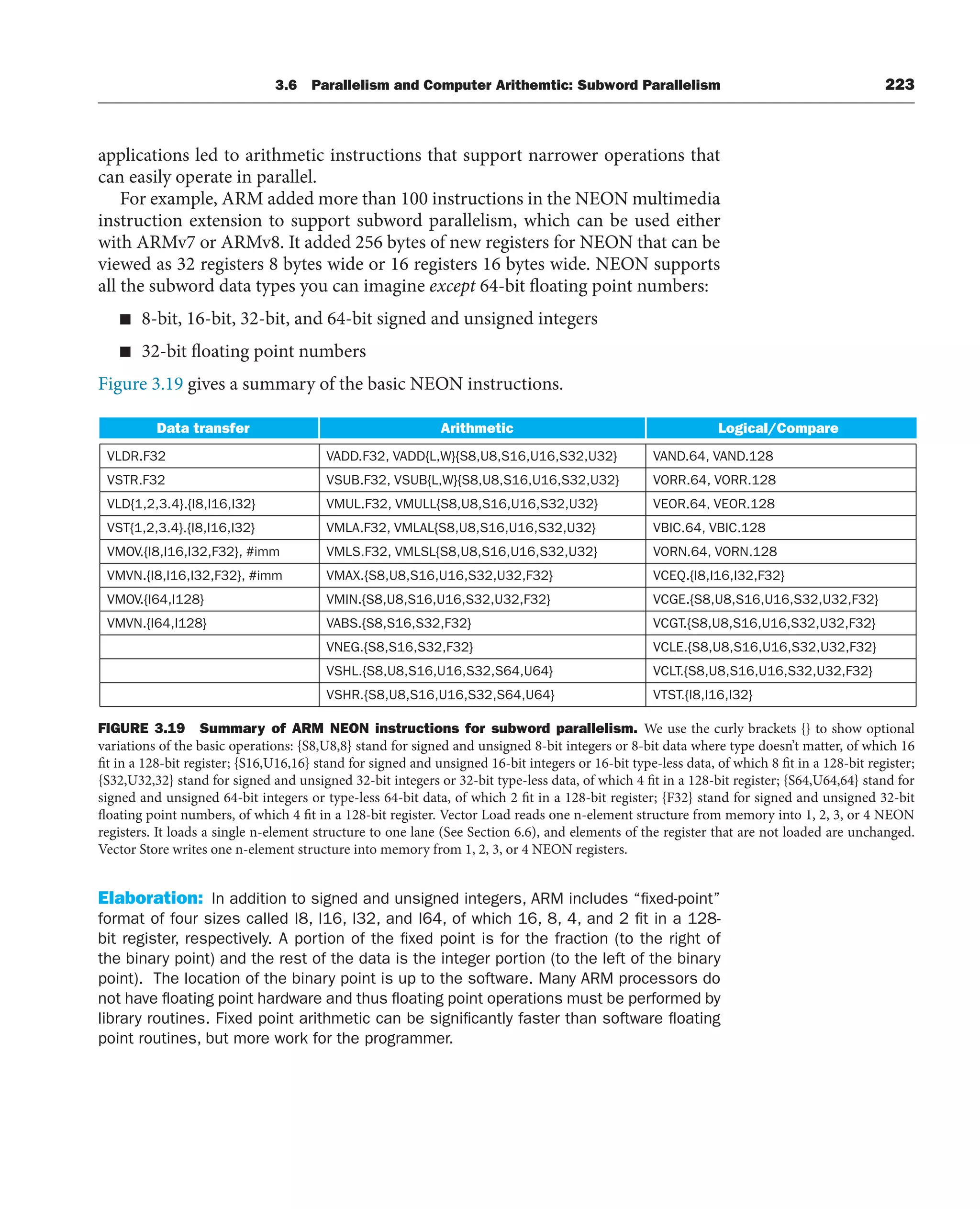3.6 Parallelism and Computer Arithemtic: Subword Parallelism 223
applications led to arithmetic instructions that support narrower operations that
can easily operate in parallel.
For example, ARM added more than 100 instructions in the NEON multimedia
instruction extension to support subword parallelism, which can be used either
with ARMv7 or ARMv8. It added 256 bytes of new registers for NEON that can be
viewed as 32 registers 8 bytes wide or 16 registers 16 bytes wide. NEON supports
all the subword data types you can imagine except 64-bit floating point numbers:
■ 8-bit, 16-bit, 32-bit, and 64-bit signed and unsigned integers
■ 32-bit floating point numbers
Figure 3.19 gives a summary of the basic NEON instructions.
FIGURE 3.19 Summary of ARM NEON instructions for subword parallelism. We use the curly brackets {} to show optional
variations of the basic operations: {S8,U8,8} stand for signed and unsigned 8-bit integers or 8-bit data where type doesn’t matter, of which 16
fit in a 128-bit register; {S16,U16,16} stand for signed and unsigned 16-bit integers or 16-bit type-less data, of which 8 fit in a 128-bit register;
{S32,U32,32} stand for signed and unsigned 32-bit integers or 32-bit type-less data, of which 4 fit in a 128-bit register; {S64,U64,64} stand for
signed and unsigned 64-bit integers or type-less 64-bit data, of which 2 fit in a 128-bit register; {F32} stand for signed and unsigned 32-bit
floating point numbers, of which 4 fit in a 128-bit register. Vector Load reads one n-element structure from memory into 1, 2, 3, or 4 NEON
registers. It loads a single n-element structure to one lane (See Section 6.6), and elements of the register that are not loaded are unchanged.
Vector Store writes one n-element structure into memory from 1, 2, 3, or 4 NEON registers.
Elaboration: In addition to signed and unsigned integers, ARM includes “fixed-point”
format of four sizes called I8, I16, I32, and I64, of which 16, 8, 4, and 2 fit in a 128-
bit register, respectively. A portion of the fixed point is for the fraction (to the right of
the binary point) and the rest of the data is the integer portion (to the left of the binary
point). The location of the binary point is up to the software. Many ARM processors do
not have floating point hardware and thus floating point operations must be performed by
library routines. Fixed point arithmetic can be significantly faster than software floating
point routines, but more work for the programmer.
Data transfer Arithmetic Logical/Compare
8
2
1
.
D
N
A
V
,
4
6
.
D
N
A
V
}
2
3
U
,
2
3
S
,
6
1
U
,
6
1
S
,
8
U
,
8
S
{
}
W
,
L
{
D
D
A
V
,
2
3
F
.
D
D
A
V
2
3
F
.
R
D
L
V
8
2
1
.
R
R
O
V
,
4
6
.
R
R
O
V
}
2
3
U
,
2
3
S
,
6
1
U
,
6
1
S
,
8
U
,
8
S
{
}
W
,
L
{
B
U
S
V
,
2
3
F
.
B
U
S
V
2
3
F
.
R
T
S
V
VLD{1,2,3.4}.{I8,I16,I32} VMUL.F32, VMULL{S8,U8,S16,U16,S32,U32} VEOR.64, VEOR.128
VST{1,2,3.4}.{I8,I16,I32} VMLA.F32, VMLAL{S8,U8,S16,U16,S32,U32} VBIC.64, VBIC.128
VMOV.{I8,I16,I32,F32}, #imm VMLS.F32, VMLSL{S8,U8,S16,U16,S32,U32} VORN.64, VORN.128
VMVN.{I8,I16,I32,F32}, #imm VMAX.{S8,U8,S16,U16,S32,U32,F32} VCEQ.{I8,I16,I32,F32}
VMOV.{I64,I128} VMIN.{S8,U8,S16,U16,S32,U32,F32} VCGE.{S8,U8,S16,U16,S32,U32,F32}
}
2
3
F
,
2
3
U
,
2
3
S
,
6
1
U
,
6
1
S
,
8
U
,
8
S
{
.
T
G
C
V
}
2
3
F
,
2
3
S
,
6
1
S
,
8
S
{
.
S
B
A
V
}
8
2
1
I
,
4
6
I
{
.
N
V
M
V
 