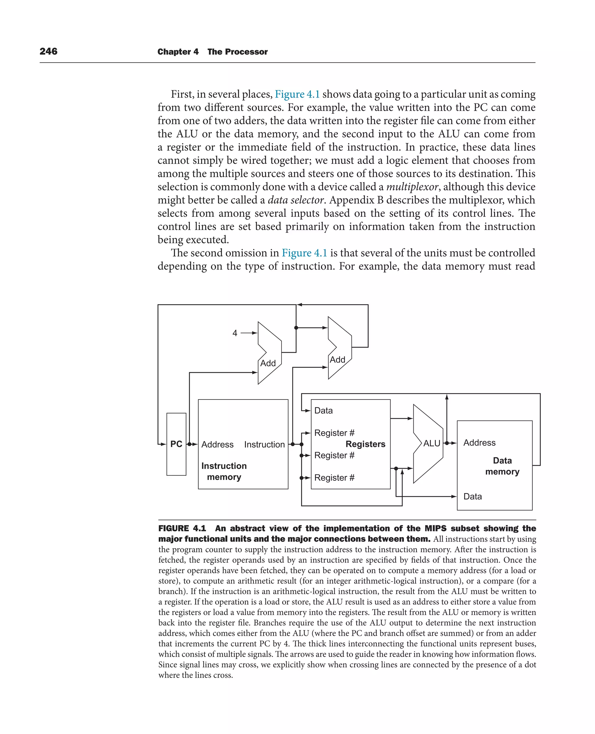 246 Chapter 4 The Processor
First, in several places, Figure 4.1 shows data going to a particular unit as coming
from two different sources. For example, the value written into the PC can come
from one of two adders, the data written into the register file can come from either
the ALU or the data memory, and the second input to the ALU can come from
a register or the immediate field of the instruction. In practice, these data lines
cannot simply be wired together; we must add a logic element that chooses from
among the multiple sources and steers one of those sources to its destination. This
selection is commonly done with a device called a multiplexor, although this device
might better be called a data selector. Appendix B describes the multiplexor, which
selects from among several inputs based on the setting of its control lines. The
control lines are set based primarily on information taken from the instruction
being executed.
The second omission in Figure 4.1 is that several of the units must be controlled
depending on the type of instruction. For example, the data memory must read
FIGURE 4.1 An abstract view of the implementation of the MIPS subset showing the
major functional units and the major connections between them. All instructions start by using
the program counter to supply the instruction address to the instruction memory. After the instruction is
fetched, the register operands used by an instruction are specified by fields of that instruction. Once the
register operands have been fetched, they can be operated on to compute a memory address (for a load or
store), to compute an arithmetic result (for an integer arithmetic-logical instruction), or a compare (for a
branch). If the instruction is an arithmetic-logical instruction, the result from the ALU must be written to
a register. If the operation is a load or store, the ALU result is used as an address to either store a value from
the registers or load a value from memory into the registers. The result from the ALU or memory is written
back into the register file. Branches require the use of the ALU output to determine the next instruction
address, which comes either from the ALU (where the PC and branch offset are summed) or from an adder
that increments the current PC by 4. The thick lines interconnecting the functional units represent buses,
which consist of multiple signals. The arrows are used to guide the reader in knowing how information flows.
Since signal lines may cross, we explicitly show when crossing lines are connected by the presence of a dot
where the lines cross.
Data
PC Address Instruction
Instruction
memory
Registers ALU Address
Data
Data
memory
Add
Add
4
Register #
Register #
Register #
 