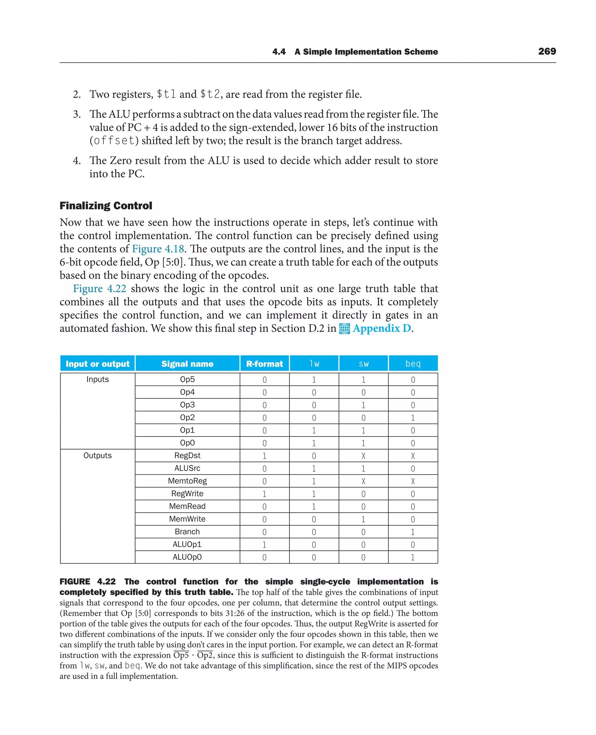 4.4 A Simple Implementation Scheme 269
2. Two registers, $t1 and $t2, are read from the register file.
3. TheALUperformsasubtractonthedatavaluesreadfromtheregisterfile.The
value of PC + 4 is added to the sign-extended, lower 16 bits of the instruction
(offset) shifted left by two; the result is the branch target address.
4. The Zero result from the ALU is used to decide which adder result to store
into the PC.
Finalizing Control
Now that we have seen how the instructions operate in steps, let’s continue with
the control implementation. The control function can be precisely defined using
the contents of Figure 4.18. The outputs are the control lines, and the input is the
6-bit opcode field, Op [5:0]. Thus, we can create a truth table for each of the outputs
based on the binary encoding of the opcodes.
Figure 4.22 shows the logic in the control unit as one large truth table that
combines all the outputs and that uses the opcode bits as inputs. It completely
specifies the control function, and we can implement it directly in gates in an
automated fashion. We show this final step in Section D.2 in Appendix D.
Input or output Signal name R-format lw sw beq
Inputs Op5 0 1 1 0
Op4 0 0 0 0
Op3 0 0 1 0
Op2 0 0 0 1
Op1 0 1 1 0
Op0 0 1 1 0
Outputs RegDst 1 0 X X
ALUSrc 0 1 1 0
MemtoReg 0 1 X X
RegWrite 1 1 0 0
MemRead 0 1 0 0
MemWrite 0 0 1 0
Branch 0 0 0 1
ALUOp1 1 0 0 0
ALUOp0 0 0 0 1
FIGURE 4.22 The control function for the simple single-cycle implementation is
completely speciﬁed by this truth table. The top half of the table gives the combinations of input
signals that correspond to the four opcodes, one per column, that determine the control output settings.
(Remember that Op [5:0] corresponds to bits 31:26 of the instruction, which is the op field.) The bottom
portion of the table gives the outputs for each of the four opcodes. Thus, the output RegWrite is asserted for
two different combinations of the inputs. If we consider only the four opcodes shown in this table, then we
can simplify the truth table by using don’t cares in the input portion. For example, we can detect an R-format
instruction with the expression Op5 ⭈ Op2, since this is sufficient to distinguish the R-format instructions
from lw, sw, and beq. We do not take advantage of this simplification, since the rest of the MIPS opcodes
are used in a full implementation.
 
