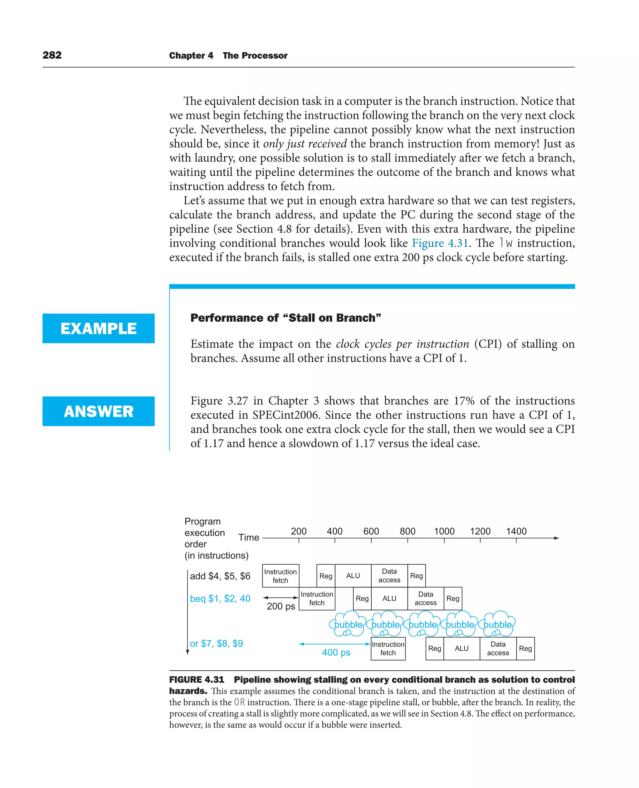 282 Chapter 4 The Processor
The equivalent decision task in a computer is the branch instruction. Notice that
we must begin fetching the instruction following the branch on the very next clock
cycle. Nevertheless, the pipeline cannot possibly know what the next instruction
should be, since it only just received the branch instruction from memory! Just as
with laundry, one possible solution is to stall immediately after we fetch a branch,
waiting until the pipeline determines the outcome of the branch and knows what
instruction address to fetch from.
Let’s assume that we put in enough extra hardware so that we can test registers,
calculate the branch address, and update the PC during the second stage of the
pipeline (see Section 4.8 for details). Even with this extra hardware, the pipeline
involving conditional branches would look like Figure 4.31. The lw instruction,
executed if the branch fails, is stalled one extra 200 ps clock cycle before starting.
Performance of “Stall on Branch”
Estimate the impact on the clock cycles per instruction (CPI) of stalling on
branches. Assume all other instructions have a CPI of 1.
Figure 3.27 in Chapter 3 shows that branches are 17% of the instructions
executed in SPECint2006. Since the other instructions run have a CPI of 1,
and branches took one extra clock cycle for the stall, then we would see a CPI
of 1.17 and hence a slowdown of 1.17 versus the ideal case.
EXAMPLE
ANSWER
add $4, $5, $6
beq $1, $2, 40
or $7, $8, $9
Time
Instruction
fetch
Data
access
Data
access
Data
access
Reg
Instruction
fetch
Instruction
fetch
Reg
Reg
200 ps
400 ps
bubble bubble bubble bubble bubble
200 400 600 800 1000 1200 1400
Program
execution
order
(in instructions)
Reg ALU
Reg ALU
Reg ALU
FIGURE 4.31 Pipeline showing stalling on every conditional branch as solution to control
hazards. This example assumes the conditional branch is taken, and the instruction at the destination of
the branch is the OR instruction. There is a one-stage pipeline stall, or bubble, after the branch. In reality, the
process of creating a stall is slightly more complicated, as we will see in Section 4.8. The effect on performance,
however, is the same as would occur if a bubble were inserted.
 
