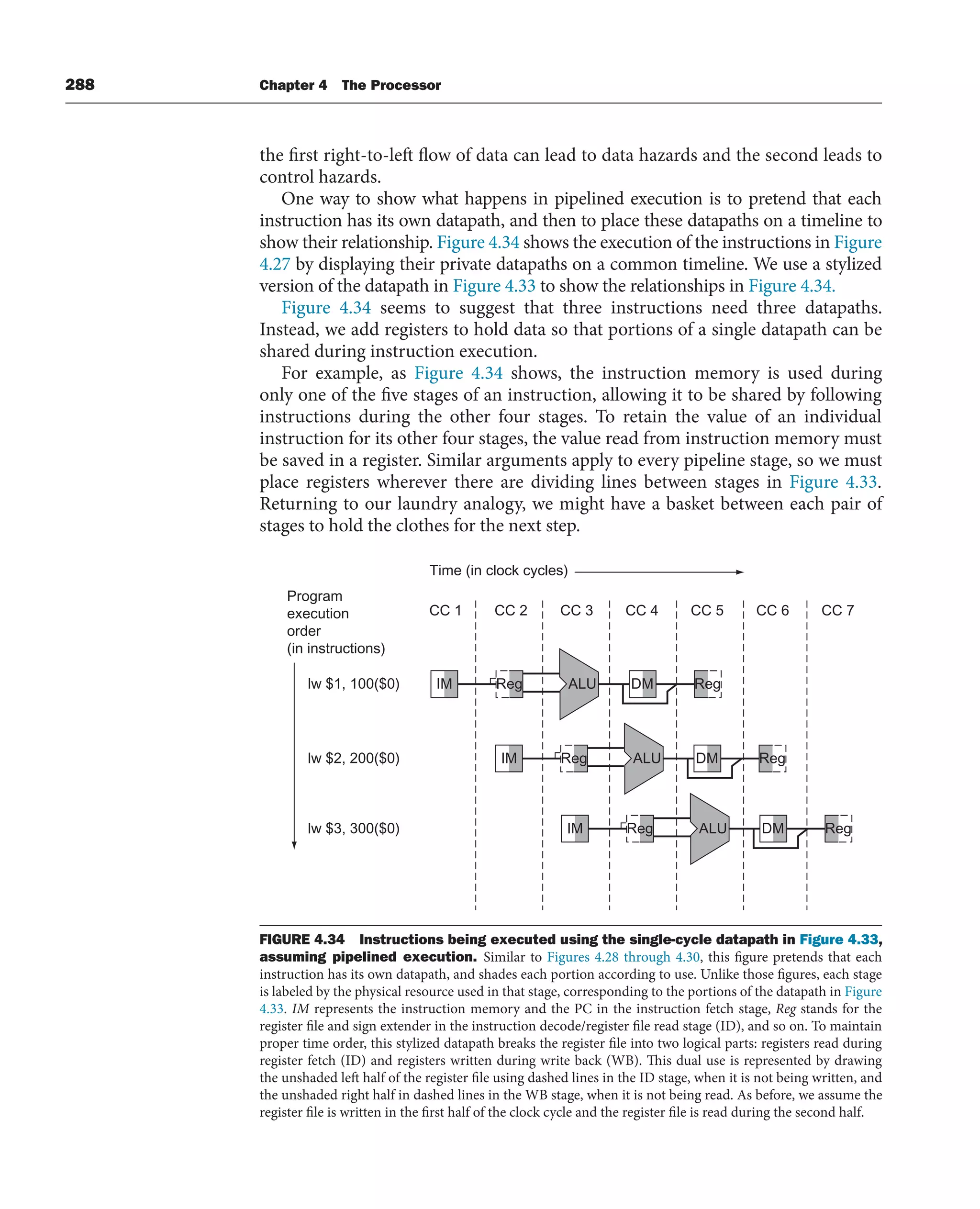 288 Chapter 4 The Processor
the first right-to-left flow of data can lead to data hazards and the second leads to
control hazards.
One way to show what happens in pipelined execution is to pretend that each
instruction has its own datapath, and then to place these datapaths on a timeline to
show their relationship. Figure 4.34 shows the execution of the instructions in Figure
4.27 by displaying their private datapaths on a common timeline. We use a stylized
version of the datapath in Figure 4.33 to show the relationships in Figure 4.34.
Figure 4.34 seems to suggest that three instructions need three datapaths.
Instead, we add registers to hold data so that portions of a single datapath can be
shared during instruction execution.
For example, as Figure 4.34 shows, the instruction memory is used during
only one of the five stages of an instruction, allowing it to be shared by following
instructions during the other four stages. To retain the value of an individual
instruction for its other four stages, the value read from instruction memory must
be saved in a register. Similar arguments apply to every pipeline stage, so we must
place registers wherever there are dividing lines between stages in Figure 4.33.
Returning to our laundry analogy, we might have a basket between each pair of
stages to hold the clothes for the next step.
Program
execution
order
(in instructions)
lw $1, 100($0)
lw $2, 200($0)
lw $3, 300($0)
Time (in clock cycles)
IM DM
Reg Reg
ALU
IM DM
Reg Reg
ALU
IM DM
Reg Reg
ALU
CC 1 CC 2 CC 3 CC 4 CC 5 CC 6 CC 7
FIGURE 4.34 Instructions being executed using the single-cycle datapath in Figure 4.33,
assuming pipelined execution. Similar to Figures 4.28 through 4.30, this figure pretends that each
instruction has its own datapath, and shades each portion according to use. Unlike those figures, each stage
is labeled by the physical resource used in that stage, corresponding to the portions of the datapath in Figure
4.33. IM represents the instruction memory and the PC in the instruction fetch stage, Reg stands for the
register file and sign extender in the instruction decode/register file read stage (ID), and so on. To maintain
proper time order, this stylized datapath breaks the register file into two logical parts: registers read during
register fetch (ID) and registers written during write back (WB). This dual use is represented by drawing
the unshaded left half of the register file using dashed lines in the ID stage, when it is not being written, and
the unshaded right half in dashed lines in the WB stage, when it is not being read. As before, we assume the
register file is written in the first half of the clock cycle and the register file is read during the second half.
 