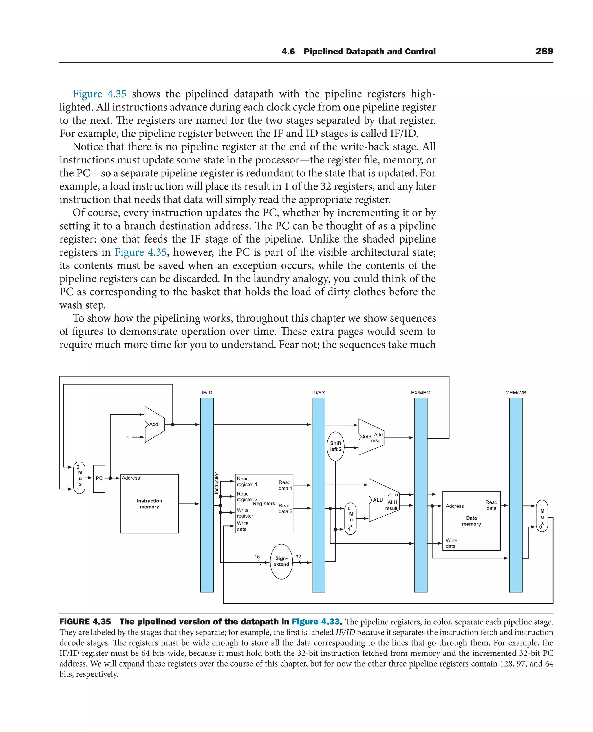 4.6 Pipelined Datapath and Control 289
Figure 4.35 shows the pipelined datapath with the pipeline registers high-
lighted. All instructions advance during each clock cycle from one pipeline register
to the next. The registers are named for the two stages separated by that register.
For example, the pipeline register between the IF and ID stages is called IF/ID.
Notice that there is no pipeline register at the end of the write-back stage. All
instructions must update some state in the processor—the register file, memory, or
the PC—so a separate pipeline register is redundant to the state that is updated. For
example, a load instruction will place its result in 1 of the 32 registers, and any later
instruction that needs that data will simply read the appropriate register.
Of course, every instruction updates the PC, whether by incrementing it or by
setting it to a branch destination address. The PC can be thought of as a pipeline
register: one that feeds the IF stage of the pipeline. Unlike the shaded pipeline
registers in Figure 4.35, however, the PC is part of the visible architectural state;
its contents must be saved when an exception occurs, while the contents of the
pipeline registers can be discarded. In the laundry analogy, you could think of the
PC as corresponding to the basket that holds the load of dirty clothes before the
wash step.
To show how the pipelining works, throughout this chapter we show sequences
of figures to demonstrate operation over time. These extra pages would seem to
require much more time for you to understand. Fear not; the sequences take much
Add
Address
Instruction
memory
Read
register 1
Instruction
Read
register 2
Write
register
Write
data
Read
data 1
Read
data 2
Registers
Address
Write
data
Read
data
Data
memory
Add Add
result
ALU ALU
result
Zero
Shift
left 2
Sign-
extend
PC
4
ID/EX
IF/ID EX/MEM
16 32
0
M
u
x
1
0
M
u
x
1
1
M
u
x
0
MEM/WB
FIGURE 4.35 The pipelined version of the datapath in Figure 4.33. The pipeline registers, in color, separate each pipeline stage.
They are labeled by the stages that they separate; for example, the first is labeled IF/ID because it separates the instruction fetch and instruction
decode stages. The registers must be wide enough to store all the data corresponding to the lines that go through them. For example, the
IF/ID register must be 64 bits wide, because it must hold both the 32-bit instruction fetched from memory and the incremented 32-bit PC
address. We will expand these registers over the course of this chapter, but for now the other three pipeline registers contain 128, 97, and 64
bits, respectively.
 