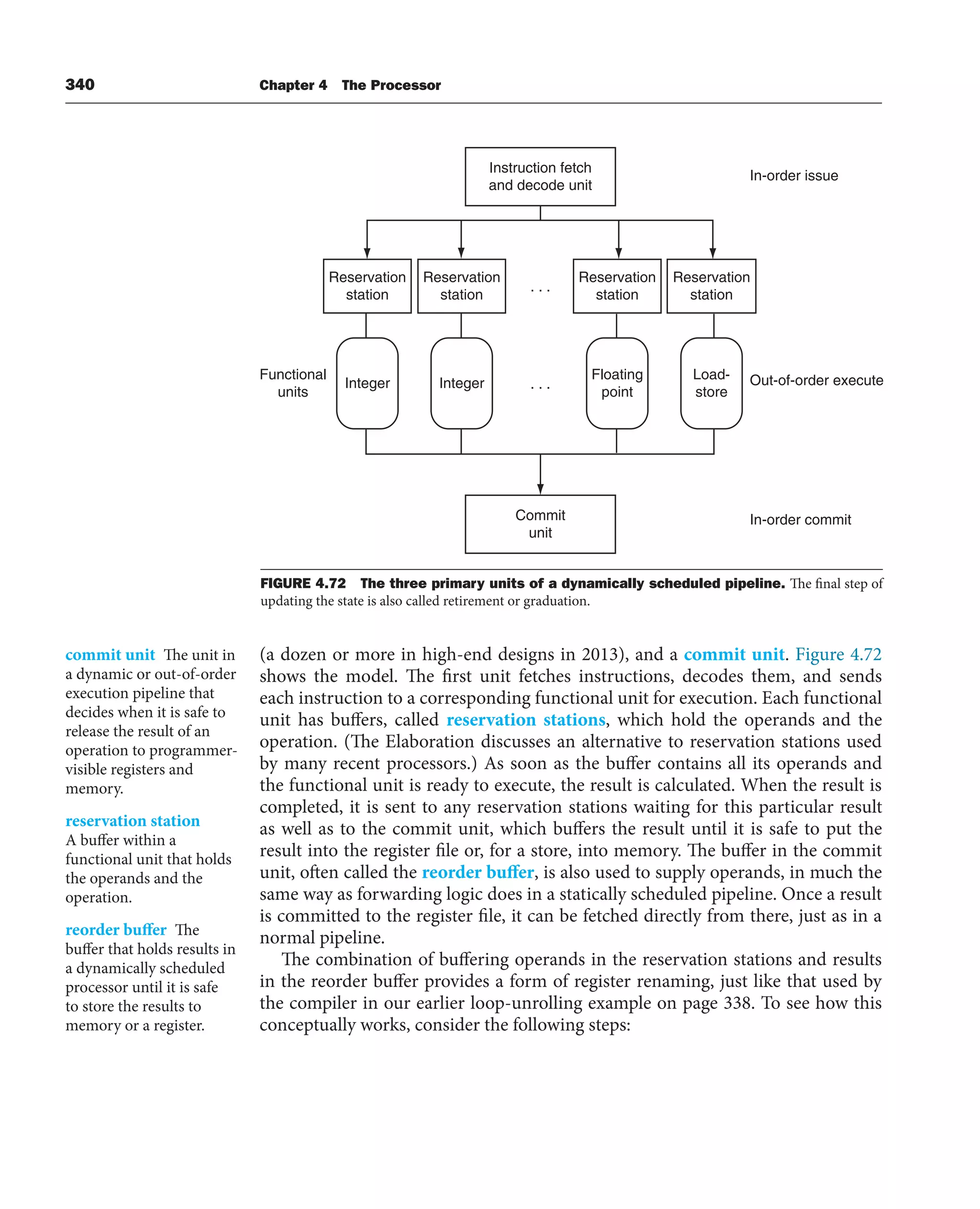 340 Chapter 4 The Processor
(a dozen or more in high-end designs in 2013), and a commit unit. Figure 4.72
shows the model. The first unit fetches instructions, decodes them, and sends
each instruction to a corresponding functional unit for execution. Each functional
unit has buffers, called reservation stations, which hold the operands and the
operation. (The Elaboration discusses an alternative to reservation stations used
by many recent processors.) As soon as the buffer contains all its operands and
the functional unit is ready to execute, the result is calculated. When the result is
completed, it is sent to any reservation stations waiting for this particular result
as well as to the commit unit, which buffers the result until it is safe to put the
result into the register file or, for a store, into memory. The buffer in the commit
unit, often called the reorder buffer, is also used to supply operands, in much the
same way as forwarding logic does in a statically scheduled pipeline. Once a result
is committed to the register file, it can be fetched directly from there, just as in a
normal pipeline.
The combination of buffering operands in the reservation stations and results
in the reorder buffer provides a form of register renaming, just like that used by
the compiler in our earlier loop-unrolling example on page 338. To see how this
conceptually works, consider the following steps:
commit unit The unit in
a dynamic or out-of-order
execution pipeline that
decides when it is safe to
release the result of an
operation to programmer-
visible registers and
memory.
reservation station
A buffer within a
functional unit that holds
the operands and the
operation.
reorder buffer The
buffer that holds results in
a dynamically scheduled
processor until it is safe
to store the results to
memory or a register.
Instruction fetch
and decode unit
Reservation
station
Reservation
station
Reservation
station
Reservation
station
Integer Integer
Floating
point
Load-
store
Commit
unit
In-order issue
Out-of-order execute
Functional
units
In-order commit
. . .
. . .
FIGURE 4.72 The three primary units of a dynamically scheduled pipeline. The final step of
updating the state is also called retirement or graduation.
 
