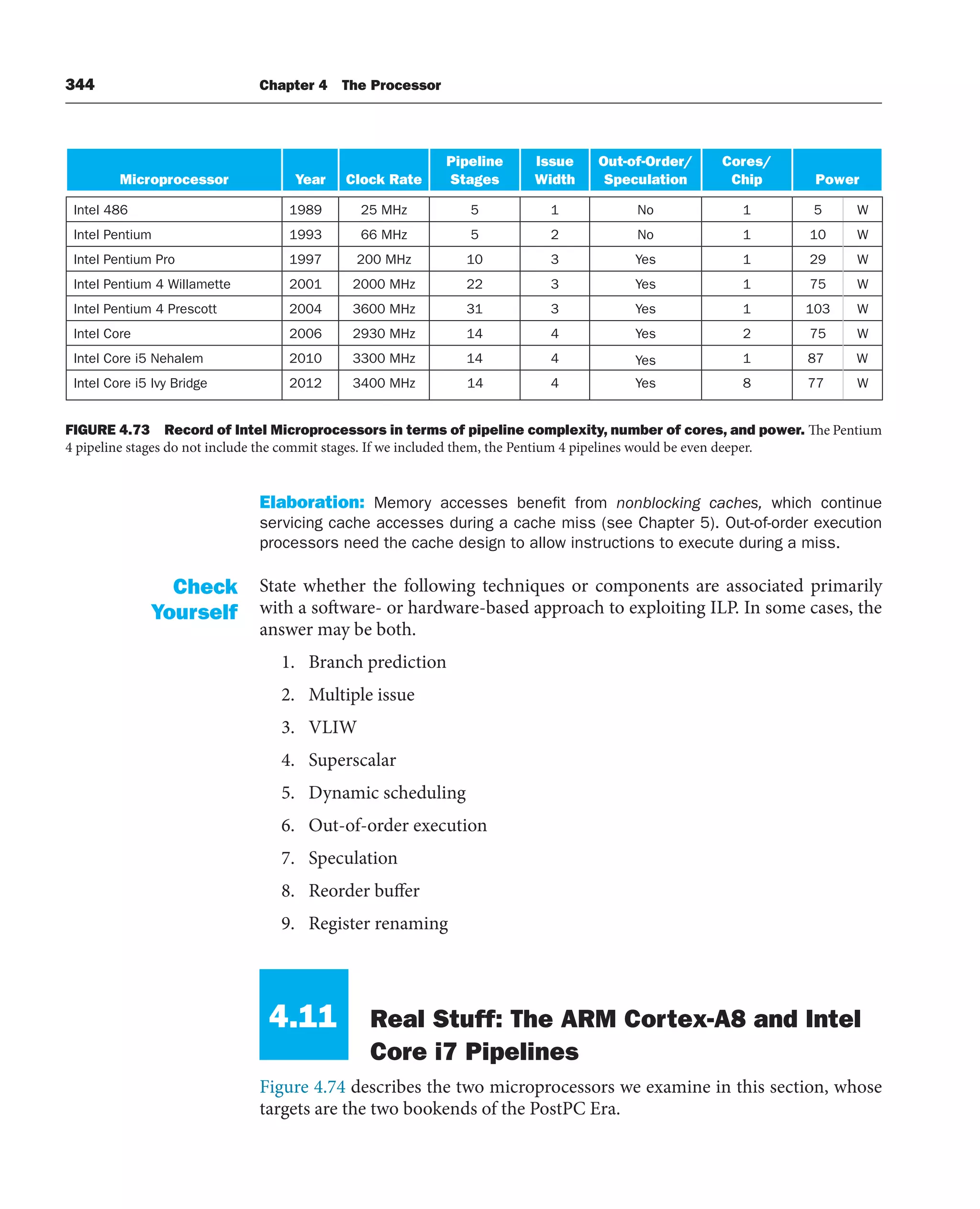 344 Chapter 4 The Processor
Elaboration: Memory accesses benefit from nonblocking caches, which continue
servicing cache accesses during a cache miss (see Chapter 5). Out-of-order execution
processors need the cache design to allow instructions to execute during a miss.
State whether the following techniques or components are associated primarily
with a software- or hardware-based approach to exploiting ILP. In some cases, the
answer may be both.
1. Branch prediction
2. Multiple issue
3. VLIW
4. Superscalar
5. Dynamic scheduling
6. Out-of-order execution
7. Speculation
8. Reorder buffer
9. Register renaming
4.11 Real Stuff: The ARM Cortex-A8 and Intel
Core i7 Pipelines
Figure 4.74 describes the two microprocessors we examine in this section, whose
targets are the two bookends of the PostPC Era.
Check
Yourself
Microprocessor Year Clock Rate
Pipeline
Stages
Issue
Width
Out-of-Order/
Speculation
Cores/
Chip Power
Intel 486 1989 25 MHz 5 1 No 1 5 W
Intel Pentium 1993 66 MHz 5 2 No 1 10 W
Intel Pentium Pro 1997 200 MHz 10 3 Yes 1 29 W
Intel Pentium 4 Willamette 2001 2000 MHz 22 3 Yes 1 75 W
Intel Pentium 4 Prescott 2004 3600 MHz 31 3 Yes 1 103 W
Intel Core 2006 2930 MHz 14 4 Yes
Yes
Yes
2 75 W
Intel Core i5 Nehalem 2010 3300 MHz 14 4 1 87 W
Intel Core i5 Ivy Bridge 2012 3400 MHz 14 4 8 77 W
FIGURE 4.73 Record of Intel Microprocessors in terms of pipeline complexity, number of cores, and power. The Pentium
4 pipeline stages do not include the commit stages. If we included them, the Pentium 4 pipelines would be even deeper.
 