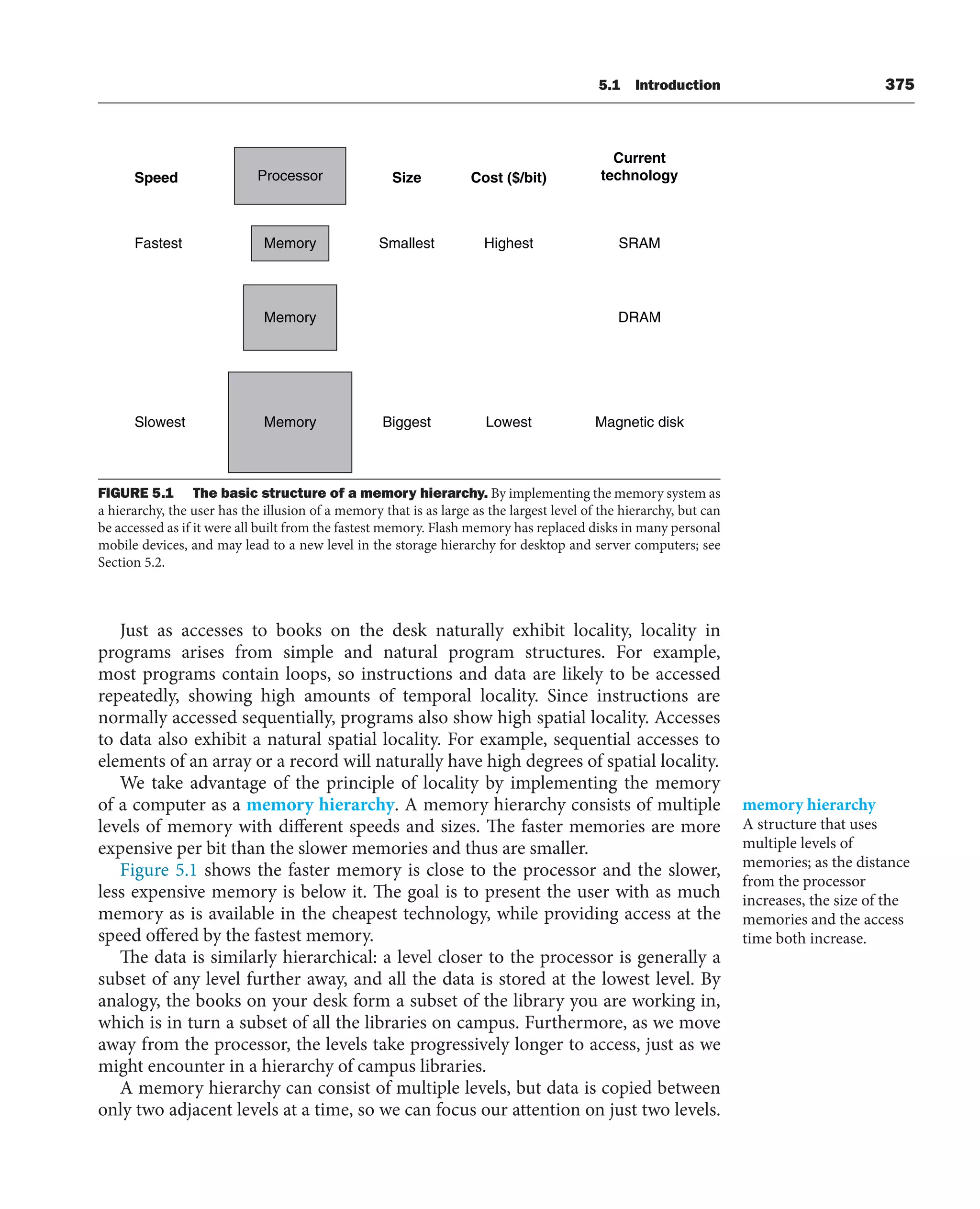 5.1 Introduction 375
Just as accesses to books on the desk naturally exhibit locality, locality in
programs arises from simple and natural program structures. For example,
most programs contain loops, so instructions and data are likely to be accessed
repeatedly, showing high amounts of temporal locality. Since instructions are
normally accessed sequentially, programs also show high spatial locality. Accesses
to data also exhibit a natural spatial locality. For example, sequential accesses to
elements of an array or a record will naturally have high degrees of spatial locality.
We take advantage of the principle of locality by implementing the memory
of a computer as a memory hierarchy. A memory hierarchy consists of multiple
levels of memory with different speeds and sizes. The faster memories are more
expensive per bit than the slower memories and thus are smaller.
Figure 5.1 shows the faster memory is close to the processor and the slower,
less expensive memory is below it. The goal is to present the user with as much
memory as is available in the cheapest technology, while providing access at the
speed offered by the fastest memory.
The data is similarly hierarchical: a level closer to the processor is generally a
subset of any level further away, and all the data is stored at the lowest level. By
analogy, the books on your desk form a subset of the library you are working in,
which is in turn a subset of all the libraries on campus. Furthermore, as we move
away from the processor, the levels take progressively longer to access, just as we
might encounter in a hierarchy of campus libraries.
A memory hierarchy can consist of multiple levels, but data is copied between
only two adjacent levels at a time, so we can focus our attention on just two levels.
memory hierarchy
A structure that uses
multiple levels of
memories; as the distance
from the processor
increases, the size of the
memories and the access
time both increase.
Speed
Fastest
Slowest
Smallest
Biggest
Size Cost ($/bit)
Current
technology
Highest
Lowest
SRAM
DRAM
Magnetic disk
Processor
Memory
Memory
Memory
FIGURE 5.1 The basic structure of a memory hierarchy. By implementing the memory system as
a hierarchy, the user has the illusion of a memory that is as large as the largest level of the hierarchy, but can
be accessed as if it were all built from the fastest memory. Flash memory has replaced disks in many personal
mobile devices, and may lead to a new level in the storage hierarchy for desktop and server computers; see
Section 5.2.
 