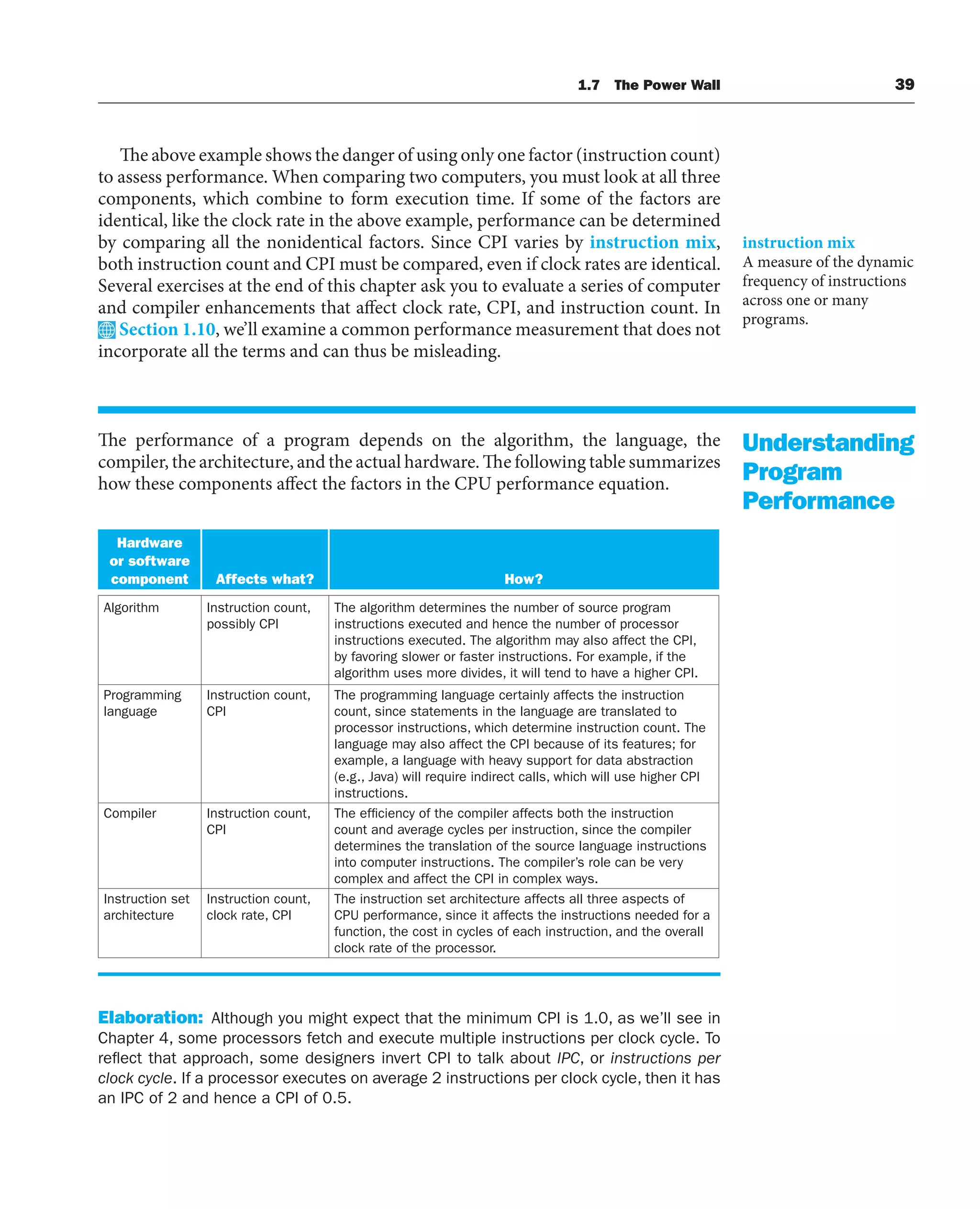 The above example shows the danger of using only one factor (instruction count)
to assess performance. When comparing two computers, you must look at all three
components, which combine to form execution time. If some of the factors are
identical, like the clock rate in the above example, performance can be determined
by comparing all the nonidentical factors. Since CPI varies by instruction mix,
both instruction count and CPI must be compared, even if clock rates are identical.
Several exercises at the end of this chapter ask you to evaluate a series of computer
and compiler enhancements that affect clock rate, CPI, and instruction count. In
Section 1.10, we’ll examine a common performance measurement that does not
incorporate all the terms and can thus be misleading.
The performance of a program depends on the algorithm, the language, the
compiler, the architecture, and the actual hardware. The following table summarizes
how these components affect the factors in the CPU performance equation.
Hardware
or software
component Affects what? How?
Algorithm Instruction count,
possibly CPI
The algorithm determines the number of source program
instructions executed and hence the number of processor
instructions executed. The algorithm may also affect the CPI,
by favoring slower or faster instructions. For example, if the
algorithm uses more divides, it will tend to have a higher CPI.
Programming
language
Instruction count,
CPI
The programming language certainly affects the instruction
count, since statements in the language are translated to
processor instructions, which determine instruction count. The
language may also affect the CPI because of its features; for
example, a language with heavy support for data abstraction
(e.g., Java) will require indirect calls, which will use higher CPI
instructions.
Compiler Instruction count,
CPI
The efficiency of the compiler affects both the instruction
count and average cycles per instruction, since the compiler
determines the translation of the source language instructions
into computer instructions. The compiler’s role can be very
complex and affect the CPI in complex ways.
Instruction set
architecture
Instruction count,
clock rate, CPI
The instruction set architecture affects all three aspects of
CPU performance, since it affects the instructions needed for a
function, the cost in cycles of each instruction, and the overall
clock rate of the processor.
Elaboration: Although you might expect that the minimum CPI is 1.0, as we’ll see in
Chapter 4, some processors fetch and execute multiple instructions per clock cycle. To
reflect that approach, some designers invert CPI to talk about IPC, or instructions per
clock cycle. If a processor executes on average 2 instructions per clock cycle, then it has
an IPC of 2 and hence a CPI of 0.5.
instruction mix
A measure of the dynamic
frequency of instructions
across one or many
programs.
Understanding
Program
Performance
1.7 The Power Wall 39
 
