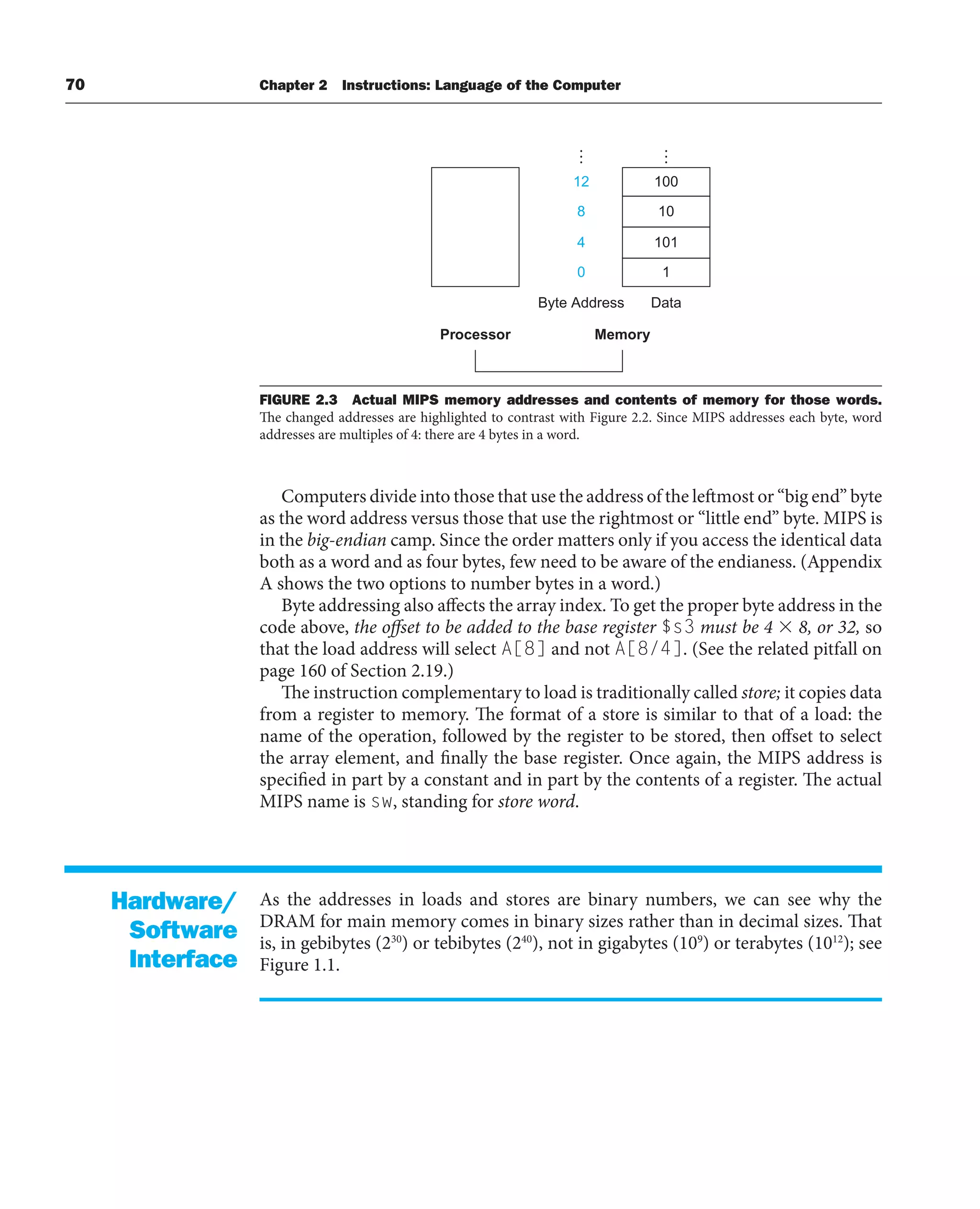 70 Chapter 2 Instructions: Language of the Computer
Computers divide into those that use the address of the leftmost or “big end” byte
as the word address versus those that use the rightmost or “little end” byte. MIPS is
in the big-endian camp. Since the order matters only if you access the identical data
both as a word and as four bytes, few need to be aware of the endianess. (Appendix
A shows the two options to number bytes in a word.)
Byte addressing also affects the array index. To get the proper byte address in the
code above, the offset to be added to the base register $s3 must be 4  8, or 32, so
that the load address will select A[8] and not A[8/4]. (See the related pitfall on
page 160 of Section 2.19.)
The instruction complementary to load is traditionally called store; it copies data
from a register to memory. The format of a store is similar to that of a load: the
name of the operation, followed by the register to be stored, then offset to select
the array element, and finally the base register. Once again, the MIPS address is
specified in part by a constant and in part by the contents of a register. The actual
MIPS name is sw, standing for store word.
As the addresses in loads and stores are binary numbers, we can see why the
DRAM for main memory comes in binary sizes rather than in decimal sizes. That
is, in gebibytes (230
) or tebibytes (240
), not in gigabytes (109
) or terabytes (1012
); see
Figure 1.1.
Hardware/
Software
Interface
Processor Memory
Byte Address Data
1
101
10
100
0
4
8
12
FIGURE 2.3 Actual MIPS memory addresses and contents of memory for those words.
The changed addresses are highlighted to contrast with Figure 2.2. Since MIPS addresses each byte, word
addresses are multiples of 4: there are 4 bytes in a word.
 