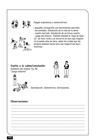 Juegos expresivos y comunicativos:

                                             - pequeña coreografía con movimientos sencillos
                                             - los animales. Simulación de la vida de la selva
                                             - cuento narrado. Simulación de un breve cuento
                                              - juego del silencio. También llamado la “Caja de músi-
                                              ca”, se hace ruido y se encierra en una caja imagina-
                                              ria (cuando esta se abre, salen los ruidos que los
                                              propios alumnos hacen (con sus respectivos movi-
                                              mientos).




  Vuelta a la calma/conclusión:
  Cuaderno del alumno: Pg. 46.
  “Juego valiente”




                                        Coevaluación. Comentarios. Conclusiones.




  Observaciones:
  ................................................................................................................................................
  ................................................................................................................................................
  ................................................................................................................................................
  ................................................................................................................................................
  ................................................................................................................................................
  ................................................................................................................................................
  ................................................................................................................................................
  ................................................................................................................................................
  ................................................................................................................................................


334
 