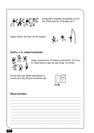 Coreografía: Pequeña coreografía con cin-
                                                                  tas. Fondo musical. (*) Grupos de 4.




  Juego: Fútbol. Partidos. Varios equipos.




  Vuelta a la calma/conclusión:


                                            Juego comunicativo: “El espejo comunitario”. En círcu-
                                            lo, todos hacen lo que uno que dirige. Se turnan.




  Se les indica que deben aprenderse la
  canción de la Pg. 40 para el próximo día.




  Observaciones:
  ................................................................................................................................................
  ................................................................................................................................................
  ................................................................................................................................................
  ................................................................................................................................................
  ................................................................................................................................................
  ................................................................................................................................................
  ................................................................................................................................................
  ................................................................................................................................................
  ................................................................................................................................................
  ................................................................................................................................................


312
 